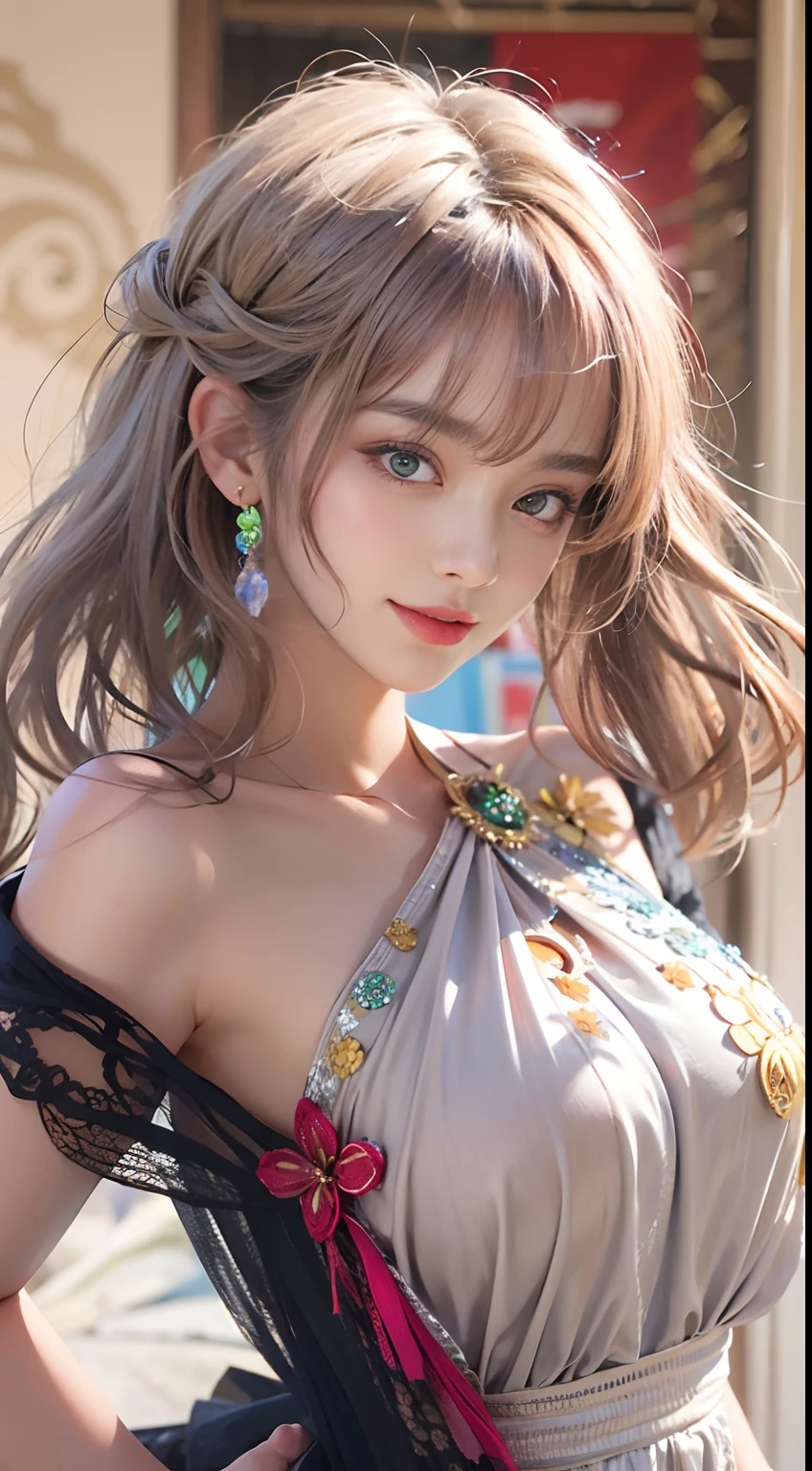 Masterpiece, best picture quality, high quality, beautiful woman, Japanese, popular Korean makeup, detailed, swollen eyes, detailed eyes, detailed skin, beautiful skin, ultra high resolution, (reality: 1.4),very beautiful, slightly younger face, beautiful skin, slender, (ultra realistic), (illustration), (high resolution), (8K), (very detailed) (best illustration), (beautifully detailed eyes), (super detailed), (wallpaper), (detailed face), looking at viewer, fine detail, detailed face, pureerosfaceace_v1, smiling, looking straight ahead, looking straight ahead, angle from waist up, realistic photo, bright lighting, professional lighting, black hair (some green), long hair, dark ruins, big red moon, gorgeous red and black dress, mature woman, long stylish bangs,