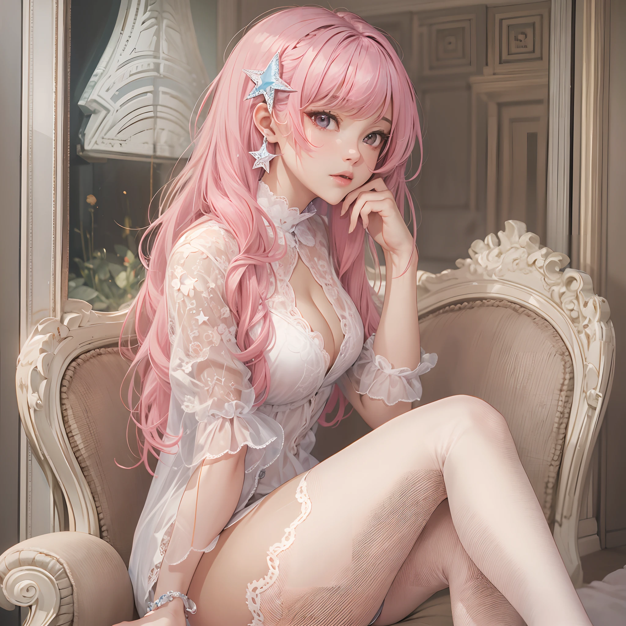 ((Masterpiece, Highest quality)), perfectly proportions，full bodyesbian，Beautiful woman，A pink-haired，lacepantyhose，Star decoration，Natural light