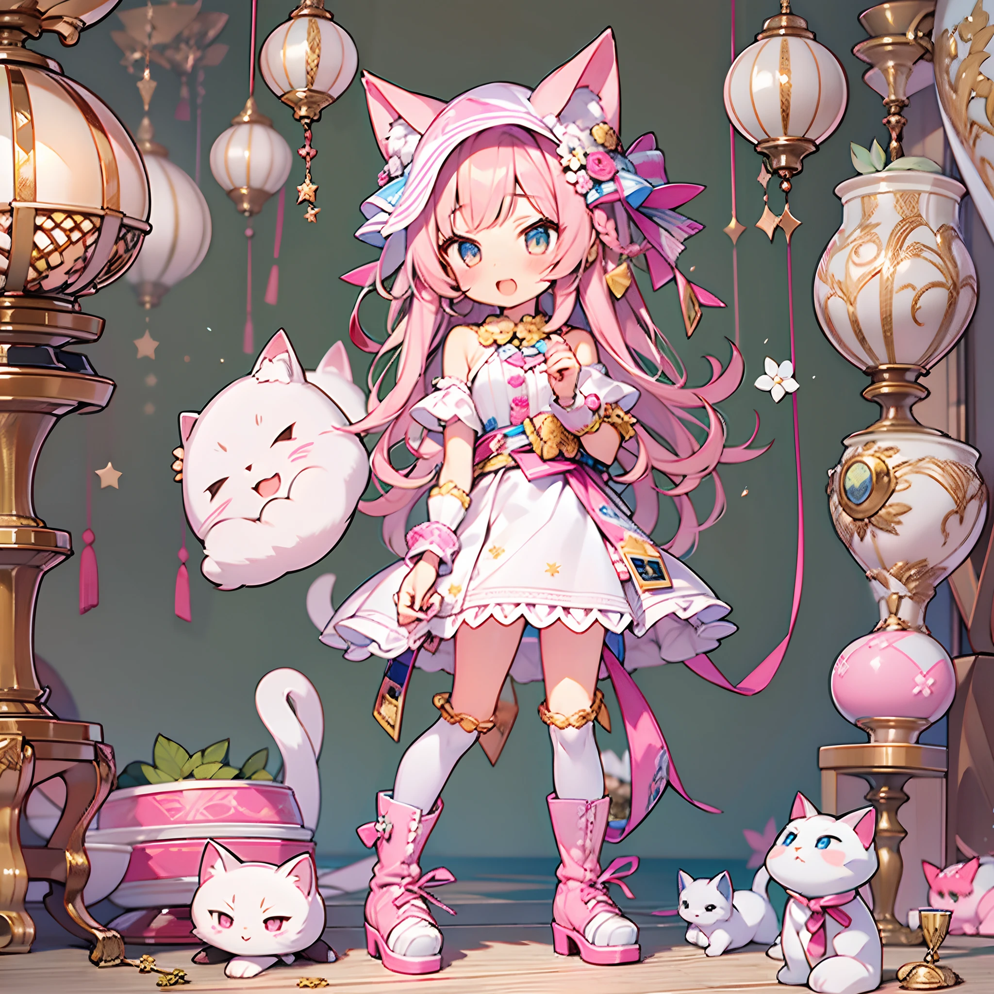 Cute girl with cat ears、(Alone 1.4)、Japan anime style、Moe、(Full Picture 2.0)、Authentic and highly detailed body、小柄、girl with、childish、ers old、length hair、bangss、A pink-haired、Authentic and highly detailed face、beautiful eyes that are authentic and highly detailed,、 Authentic and very delicate arms and hands、Authentic and highly detailed human hands(5 fingers)、The most beautiful girl in the world、Delicate and beautiful pink cat eyes、Authentic skin texture、komono、lolita、a miniskirt、(Authentic and highly detailed pink stockings 2.5)、(Authentic and highly detailed long boots 1.5)