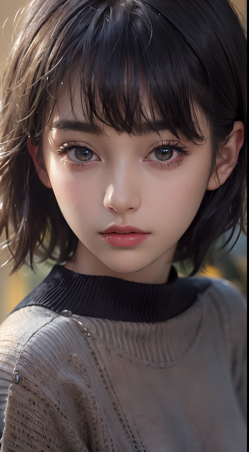 (masterpiece:1.3), (8k, photorealistic, RAW photo, best quality: 1.4), (1girl), beautiful face, (realistic face), (black hair, short hair:1.3), beautiful hairstyle, realistic eyes, beautiful detailed eyes, (realistic skin), beautiful skin, (sweater), absurdres, attractive, ultra high res, ultra realistic, highly detailed, golden ratio