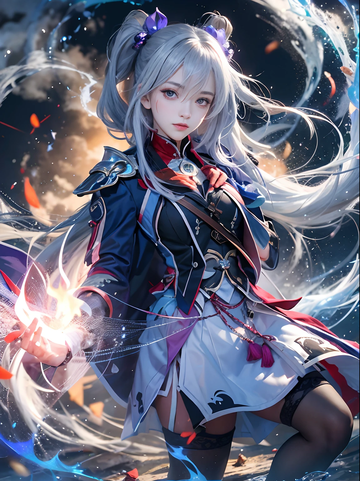 1girll, Japanese clothes, pony tails ,White hair, Purple eyes, Magical Circle, bluefire, Blue Flame, the wallpaper, landscape, Blood, blood spatter, Depth of field, Night, Light particles, Light rays, side-lighting, Thighs, fate \(Series\), Genshin Impact, ****, Open jacket, Skirt, upper legs, Cloud,blackstockings