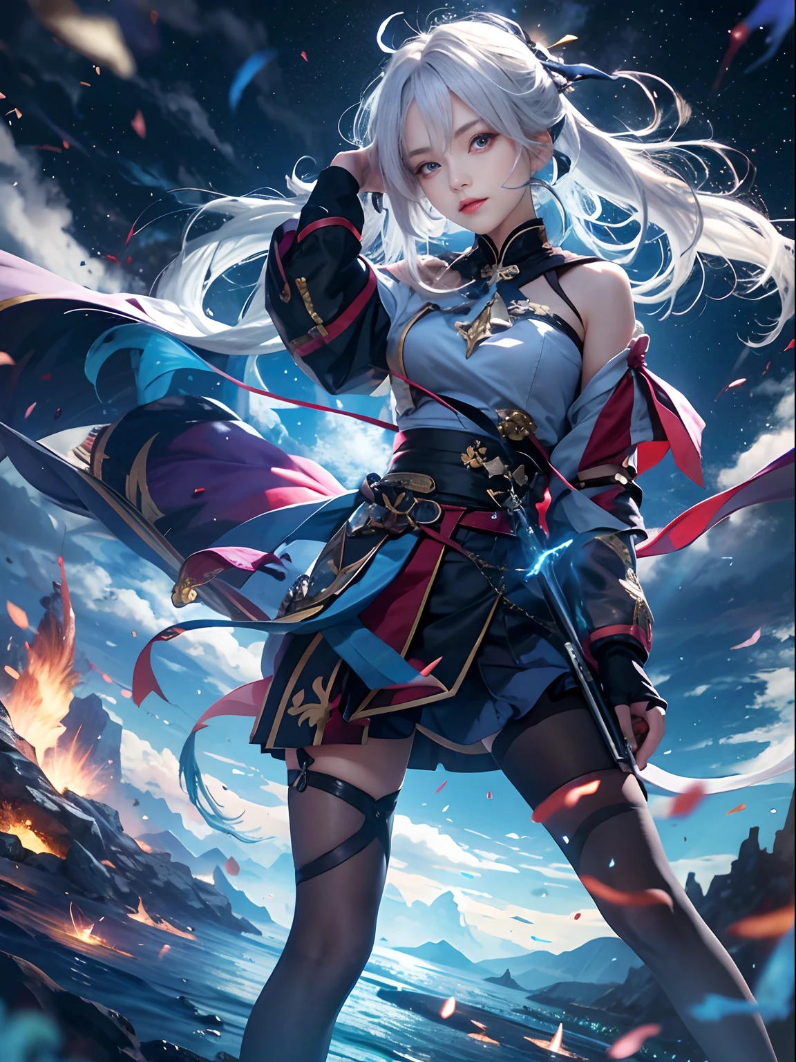 1girll, Japanese clothes, pony tails ,White hair, Purple eyes, Magical Circle, bluefire, Blue Flame, the wallpaper, landscape, Blood, blood spatter, Depth of field, Night, Light particles, Light rays, side-lighting, Thighs, fate \(Series\), Genshin Impact, ****, Open jacket, Skirt, upper legs, Cloud,blackstockings