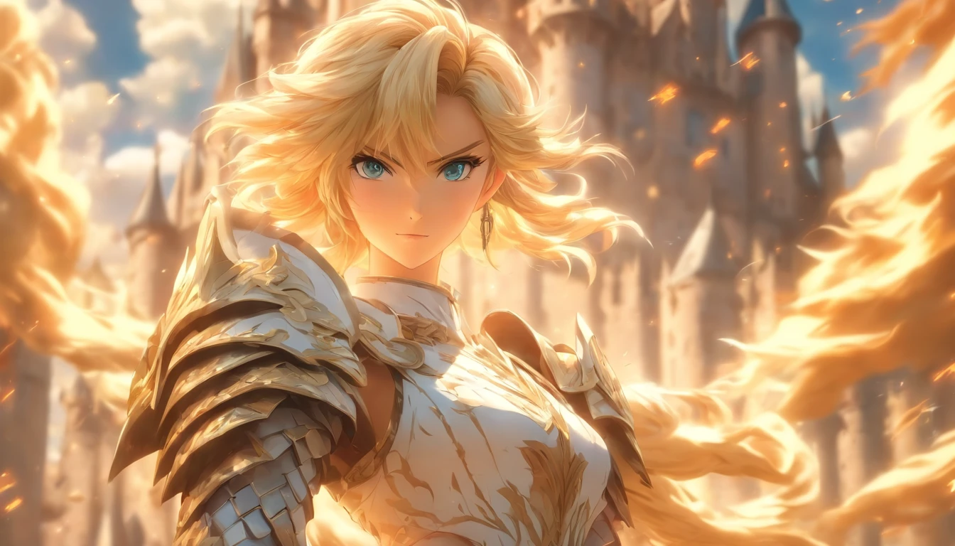 1 girl blonde slim big, white armor in the left hand a long sword, in der Rechten ein Schild  im hintergrund  ein, Drache, Wolken   Schloss, UHD, masterpiece, high details, highres, best quality, 8k