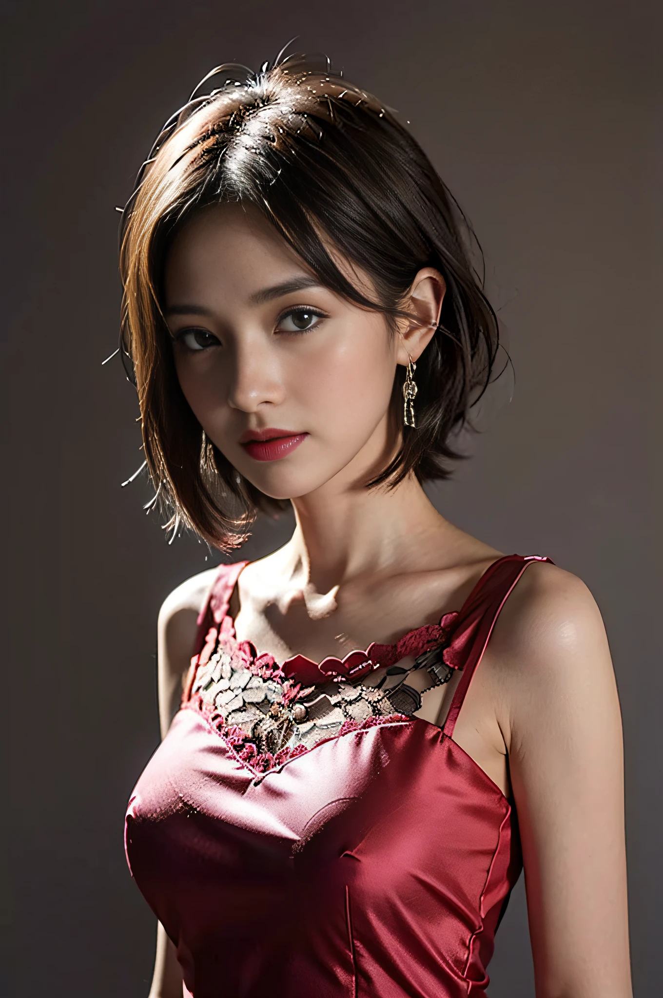 8K, masutepiece, Raw photo, Best Quality, Photorealistic, Highly detailed CG Unity 8k wallpaper, depth of fields, Cinematic Light, Lens Flare, Ray tracing, (Extremely beautiful face, Beautiful lips, Beautiful eyes), intricate detail face, ((Ultra detailed skin)) 1 Girl 25 Years Mature Woman, In the Dark, deepshadow, , (Very slim and slender fit muscular body:1.3), ((Looking at Viewer)), (Hot Pink Color Blouse), (Sleeveless) , (Simple photo studio gray color background),(No people in the background:1.3), Beautiful earrings, Bracelets, Necklace, pantyhose, Clear eyes, Walking, (pale skin), (Big eyes), Face forward, ((upperbody shot)), ((silk color dresses:1.3)),(Brown hairs),((tight fit lace dress)), (see through), (Looking at Viewer:1.3) opened breast, Very slim, Bust C Cup, see through, Medium Butt,Shortcut Hair、dark brown  hair