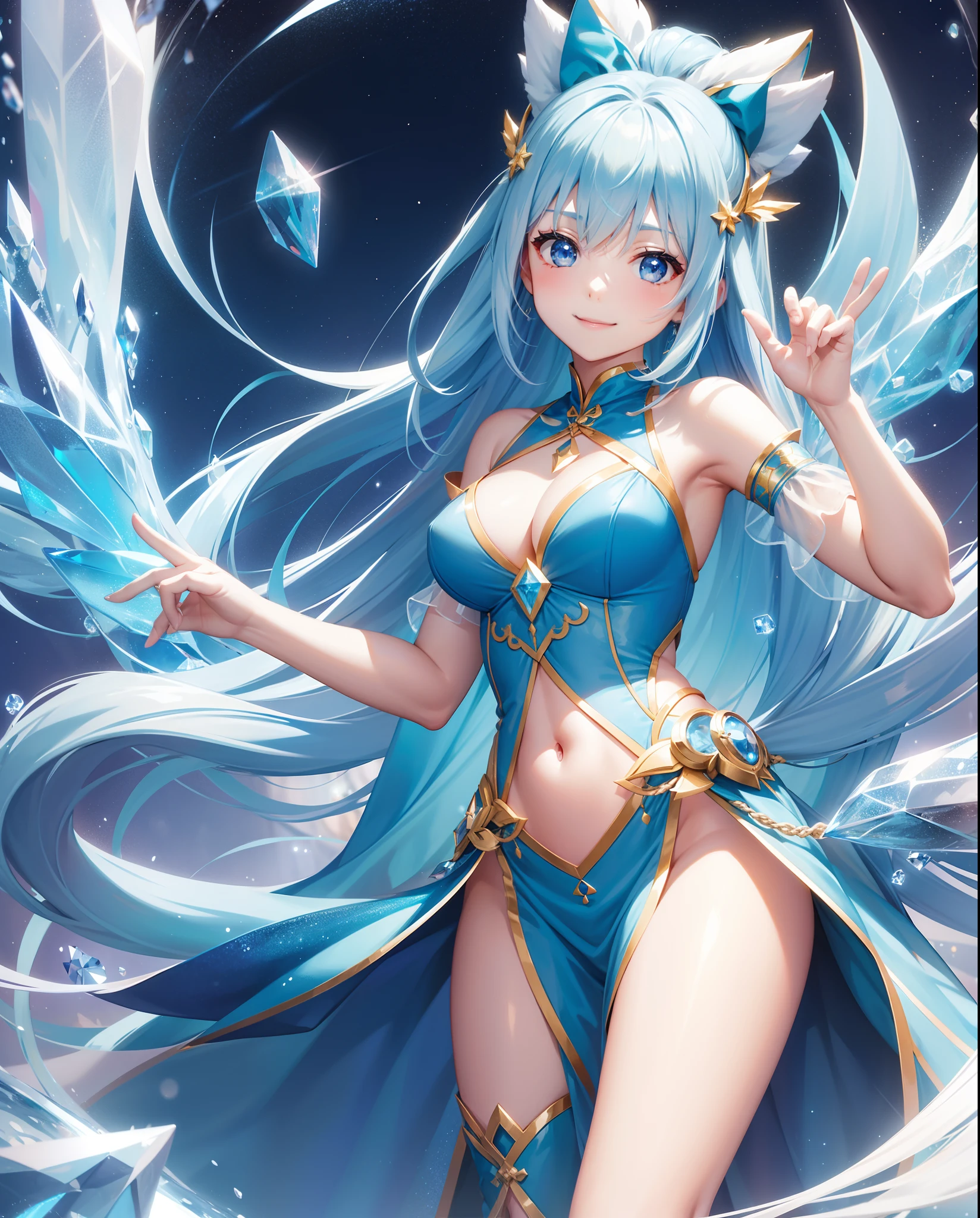 Pretty girl、A charming smile、Blue Long Hair、Twin-tailed、Engaging pose、Transparent blue and white costume、Crystal jade、constellation、a moon、Fantastic background