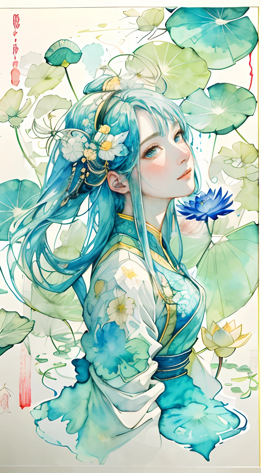 （The highest image quality，tmasterpiece，watercolor paiting，Splash ink），Delicate portrait of a girl，Long hair,Cool temperament，lotus leaves，lotuses, watercolor paiting \(Medium\),watercolor paiting,full body Esbian,ancient Chinese costume