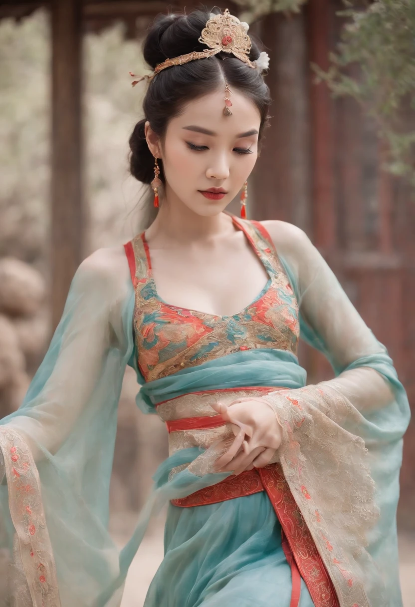 An ancient Chinese beauty ,upper body, gorgeous costumes embroidered with intricate embroidery, flowing tulle, transparent long colorful ribbons tied on the arms, inspired by Dunhuang Flying Apsaras murals, showing navel, bare shoulders, bare neck, Black curly hair in a high bun with flower hairpins, ribbons on arm rings, wreaths, bracelets, anklets, metal chain tassels on the waist, Mogao Grottoes art, ink painting, cgstation pop