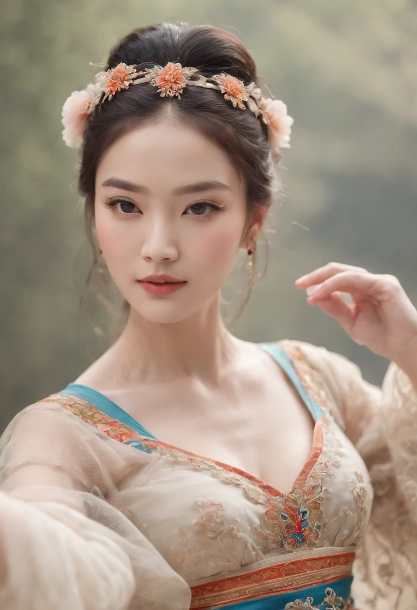 An ancient Chinese beauty ,upper body, gorgeous costumes embroidered with intricate embroidery, flowing tulle, transparent long colorful ribbons tied on the arms, inspired by Dunhuang Flying Apsaras murals, showing navel, bare shoulders, bare neck, Black curly hair in a high bun with flower hairpins, ribbons on arm rings, wreaths, bracelets, anklets, metal chain tassels on the waist, Mogao Grottoes art, ink painting, cgstation pop