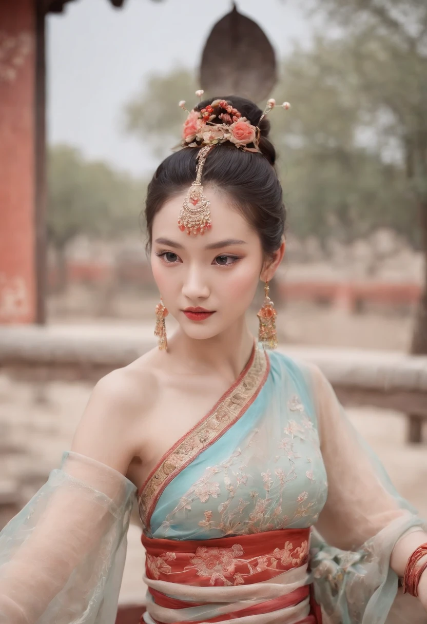 An ancient Chinese beauty ,upper body, gorgeous costumes embroidered with intricate embroidery, flowing tulle, transparent long colorful ribbons tied on the arms, inspired by Dunhuang Flying Apsaras murals, showing navel, bare shoulders, bare neck, Black curly hair in a high bun with flower hairpins, ribbons on arm rings, wreaths, bracelets, anklets, metal chain tassels on the waist, Mogao Grottoes art, ink painting, cgstation pop