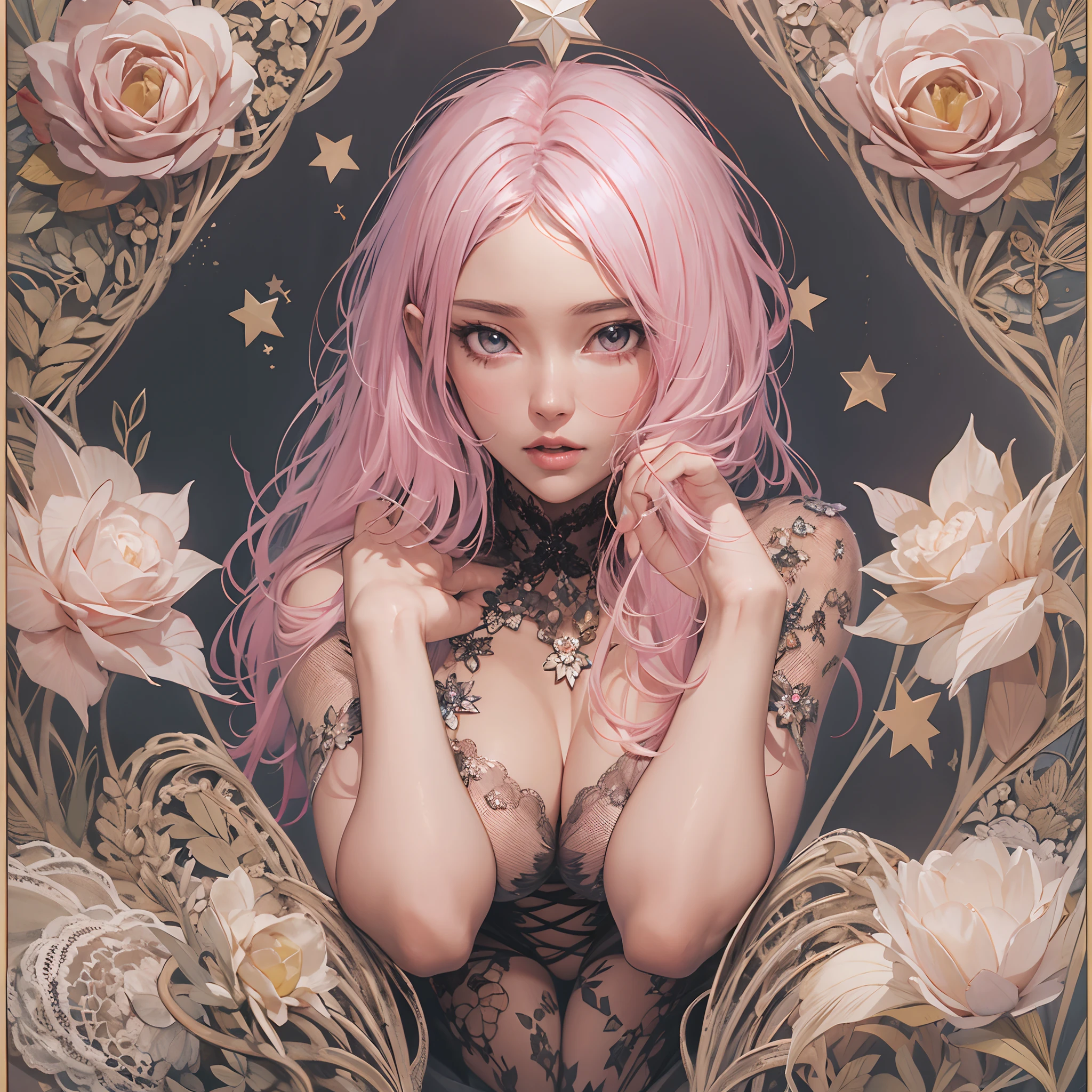 ((Masterpiece, Highest quality)), perfectly proportions,full bodyesbian,Beautiful woman,A pink-haired,lacepantyhose,Star decoration,Natural light