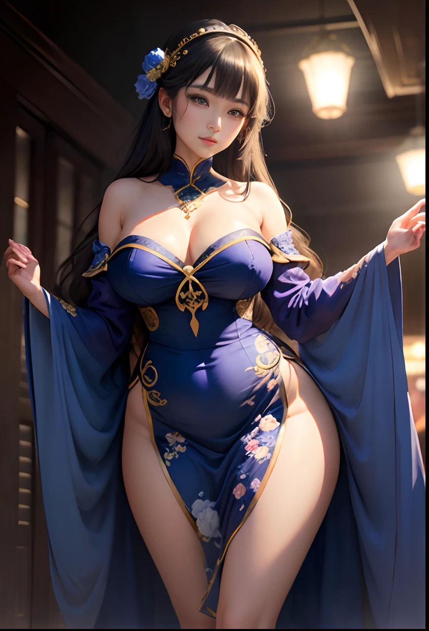 Art depicts a charming woman，Dressed in a flowing manner、Silky traditional blue oriental dress，Decorated with intricate patterns and bright colors。Her dress draped elegantly over her curvy figure，Highlights her seductive silhouette。She stood gracefully in the quiet moonlit night，bathed in the soft glow of the moonlight。The scene exudes an ethereal and dreamy atmosphere，With a touch of mystery and sexiness。The image style incorporates watercolor and digital illustration techniques，It evokes a refined beauty and charm。The lights are filled with soft moonlight，casting soft highlights and shadows on her charming features。Bare thighs --auto