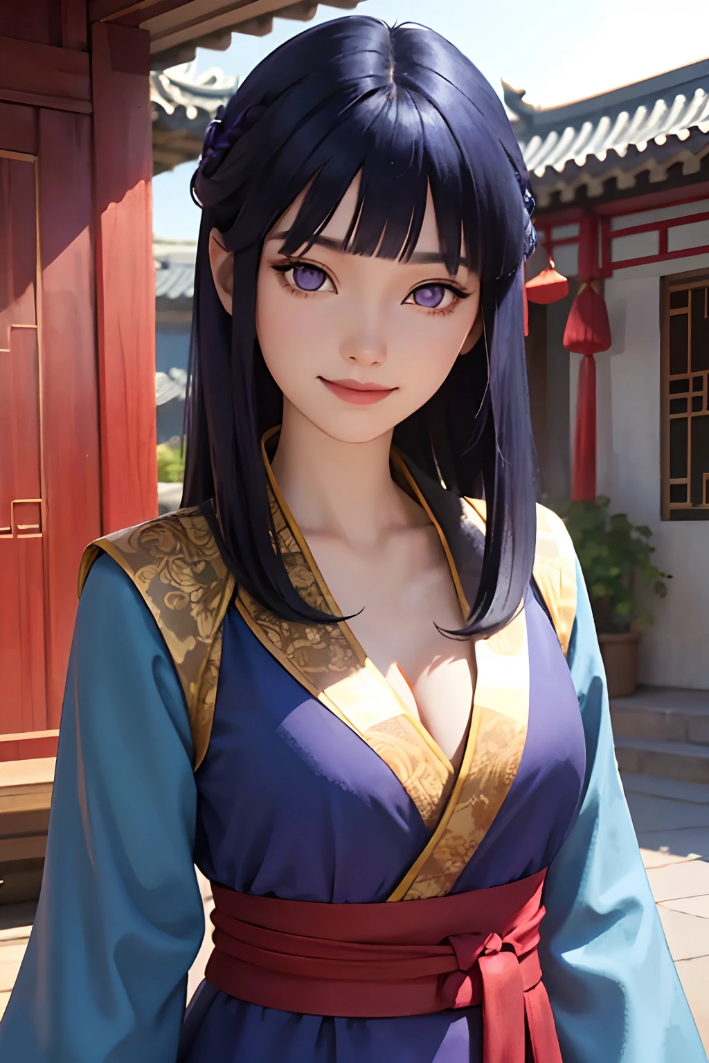 portrait, looking at viewer, smiling, teeth,
1girl, solo, blunt bangs, purple eyes, long dark blue hair,
blue hanfu, layered dress, red sash, cleavage,
outdoors, Chinese courtyard, china, summer
volumetric lighting, masterpiece, best quality