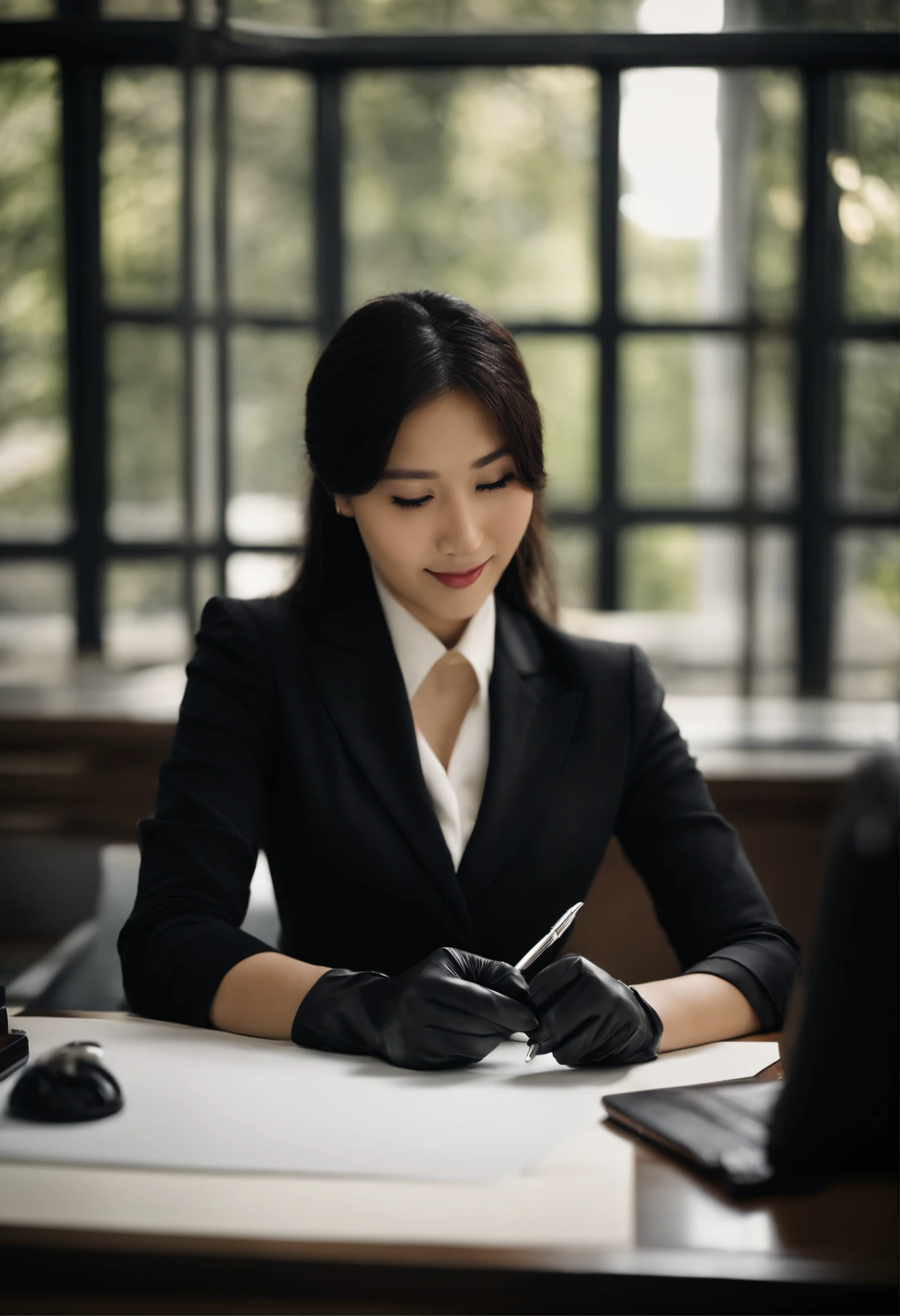 Wearing black leather gloves in both hands, upper body, black business suit, facing the desk in the modern study in the dark, looking down, smiling, writing a letter using a fountain pen, long, straight black hair, young and cute face Japanese female new employee (black leather gloves cover both hands)