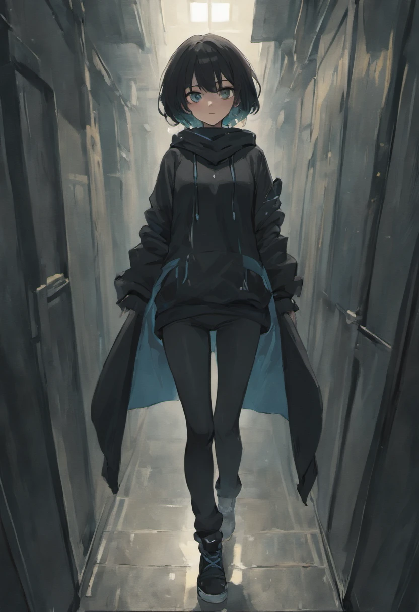 The girl I met was 6 feet 1 inches tall，Impressive (185 cm), Her silhouette is slender and elegant. Her fair skin was smooth and flawless, The perfect canvas in the moonlight，Make it soft and shiny. She wears black, The zippered hoodie clings to her light figure, Seu macio, The wool-like material gently sways with every step. underneath, A dark gray T-shirt was revealed, Exposed clavicle marks.

Her jeans are a pair of worn-out, Slim-fit black denim, Fade in and out just enough to add characters. The subtle tear in her right knee speaks of past adventures. On her feet, She wears smooth black sneakers and original white soles, In stark contrast to the darkness around her. They sparkle，As if unaffected by the world's troubles.

Her hands were shrouded in soft black leather gloves, Gracefully reached out and stroked her wrist. They shine with an otherworldly sheen, Hide any traces that might betray her existence. 

Her face remains a mystery, Hide behind a scarf that is as black as night. Only her eyes, Dark brown pool, Visible nipple, Exudes a keen and focused determination. The fabric of the scarf flows like a hazy river, Adding mystery to her mysterious presence.

In the world of anime, She will be a mysterious anti-heroine, A figure shrouded in darkness，But it exudes an undeniable charm, A character destined to tell a fascinating story full of secrets and intrigue.