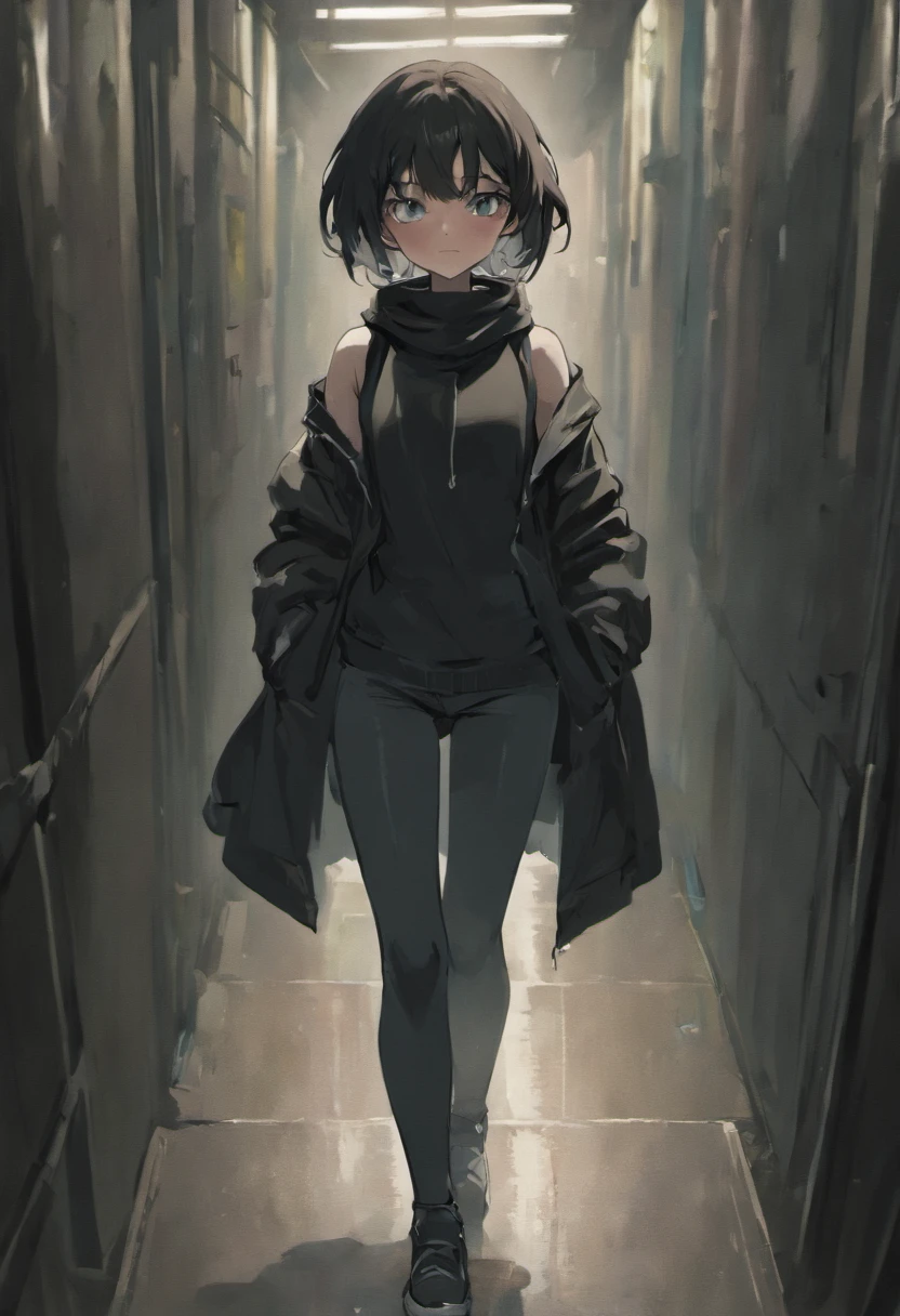 The girl I met was 6 feet 1 inches tall，Impressive (185 cm), Her silhouette is slender and elegant. Her fair skin was smooth and flawless, The perfect canvas in the moonlight，Make it soft and shiny. She wears black, The zippered hoodie clings to her light figure, Seu macio, The wool-like material gently sways with every step. underneath, A dark gray T-shirt was revealed, Exposed clavicle marks.

Her jeans are a pair of worn-out, Slim-fit black denim, Fade in and out just enough to add characters. The subtle tear in her right knee speaks of past adventures. On her feet, She wears smooth black sneakers and original white soles, In stark contrast to the darkness around her. They sparkle，As if unaffected by the world's troubles.

Her hands were shrouded in soft black leather gloves, Gracefully reached out and stroked her wrist. They shine with an otherworldly sheen, Hide any traces that might betray her existence. 

Her face remains a mystery, Hide behind a scarf that is as black as night. Only her eyes, Dark brown pool, Visible nipple, Exudes a keen and focused determination. The fabric of the scarf flows like a hazy river, Adding mystery to her mysterious presence.

In the world of anime, She will be a mysterious anti-heroine, A figure shrouded in darkness，But it exudes an undeniable charm, A character destined to tell a fascinating story full of secrets and intrigue.