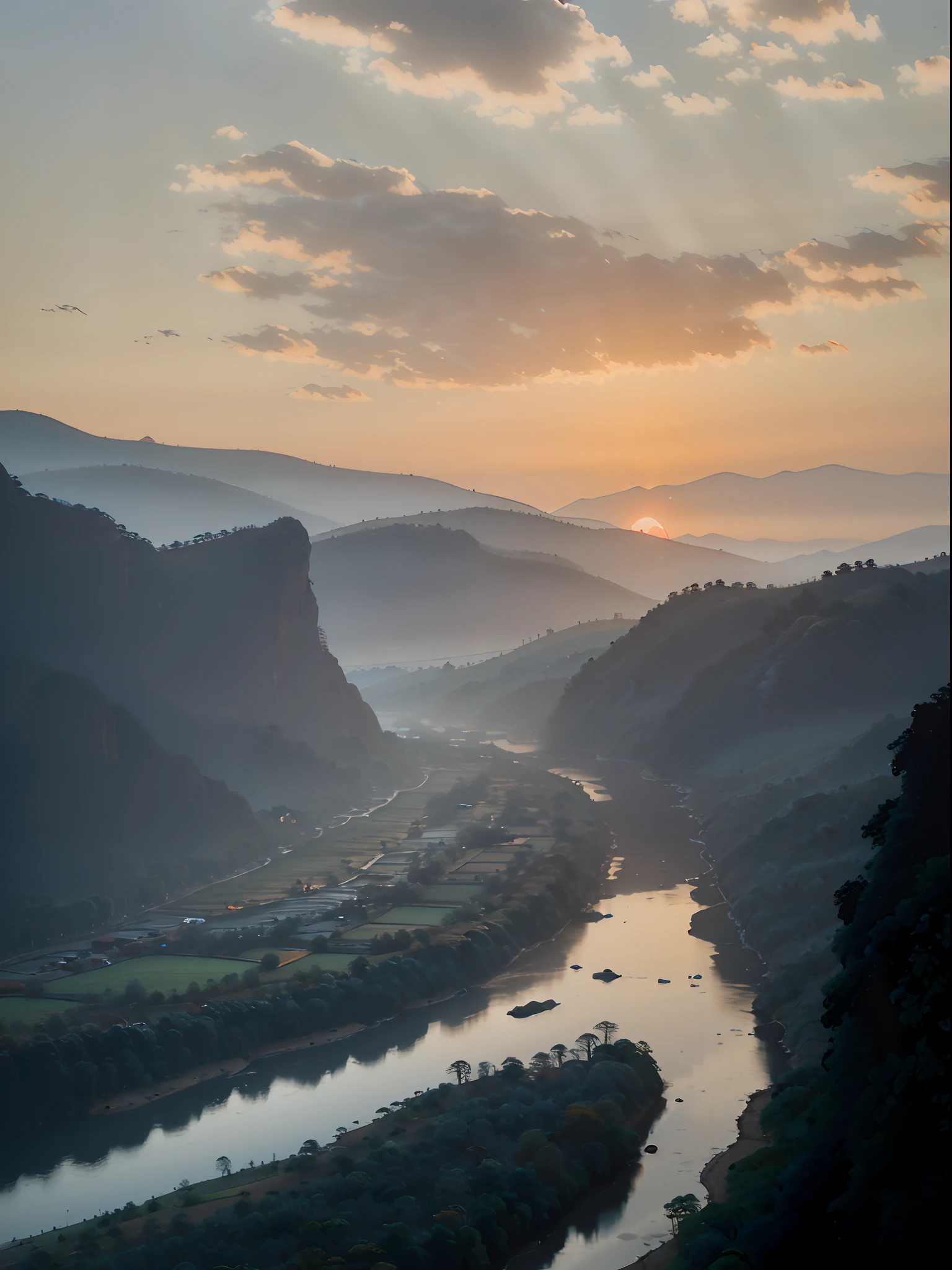 Aalfid landscape of rivers and mountains,The background is sunset, Breathtaking landscapes, sun rises between two mountains, Sunset view, sunset in a valley, Chinese landscape, Sunrise, karst landscape, Morning sunrise, Morning, wide angle river, 8 k''. filling of the view, dawn, Stunning scenery, the most beautiful landscape, very very beautiful