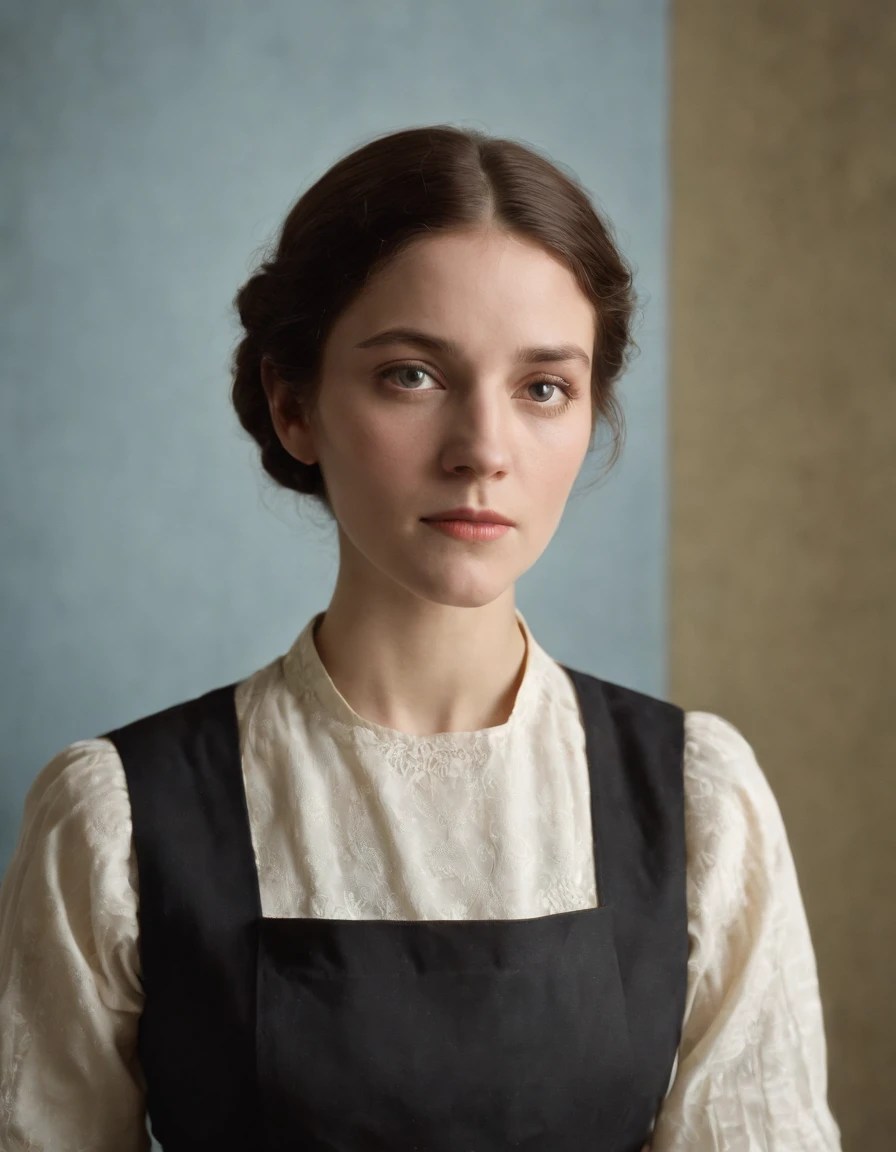 Color photo of a woman wearing a long apron, style of Felix Vallotton, intense gaze, ultra-fine detail, lithography, dramatic, somber religious work, luminous portrait