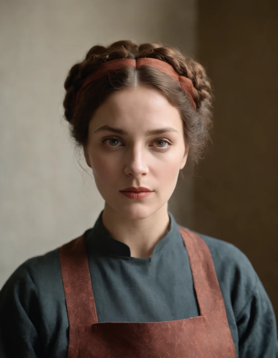 Color photo of a woman wearing a long apron, style of Felix Vallotton, intense gaze, ultra-fine detail, lithography, dramatic, somber religious work, luminous portrait,(upper body)