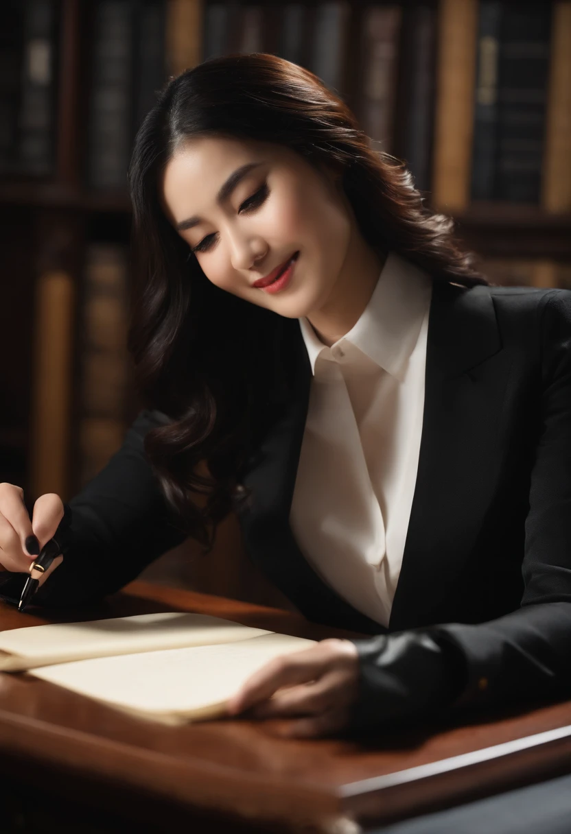 Wearing black leather gloves in both hands, upper body, black business suit, facing the desk in the modern study in the dark, looking down, smiling, writing a letter using a fountain pen, long, straight black hair, young and cute face Japanese female new employee (black leather gloves cover both hands)
