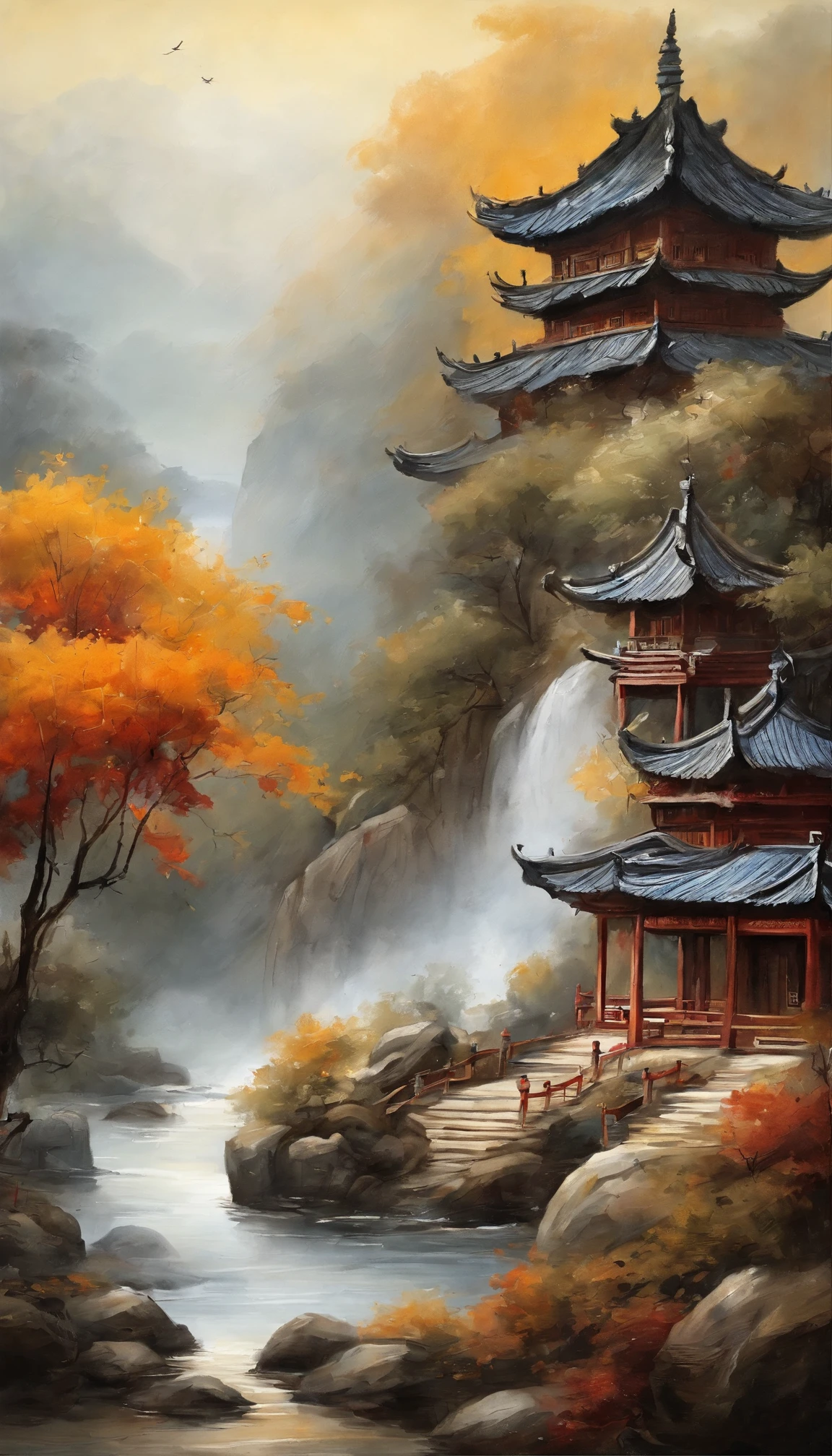 Quaint Han Dynasty style temple,Vista is a monk meditating in front of a temple(closeup cleavage),Meditate,zazen,A meditative(Chinese landscape painting),(ink and watercolor painting),(8k wallpaper),(light and shadow effect),rendering by octane,White balance design,Extremely detailed picture depiction,wide angles,depth of fields,tmasterpiece,realisticlying,Beautifully depicted,A detailed,acurate,Works of masters,tmasterpiece