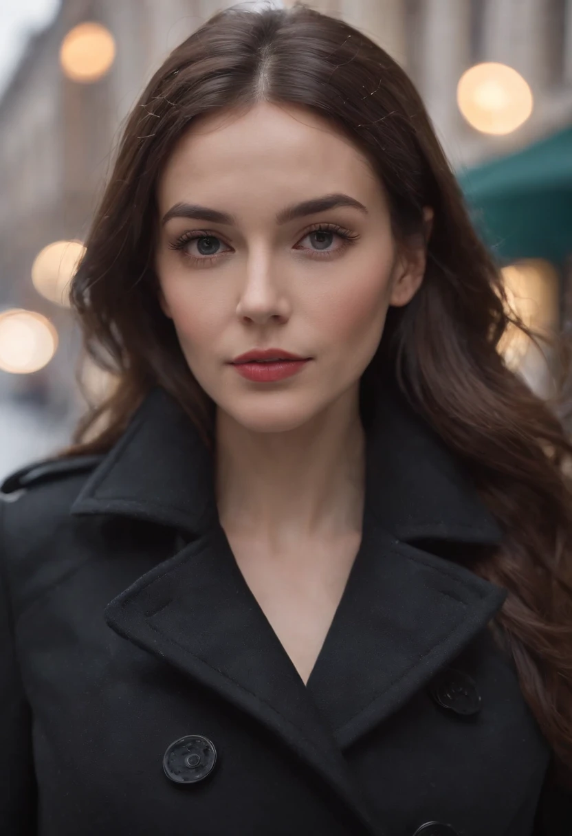 woman dressed in retro black trench coat, walks down the street, cold and snowing weather, bokeh style, medium close up shot, high quality photo