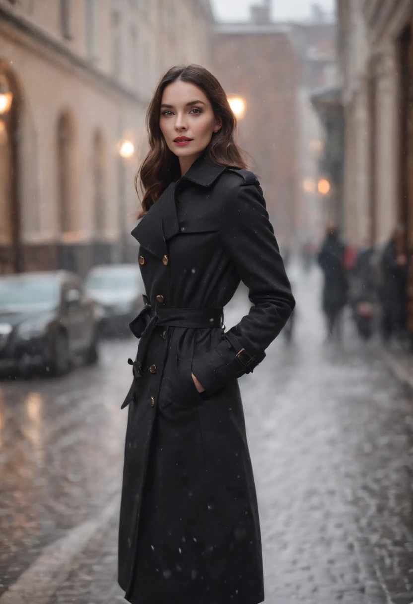 woman dressed in retro black trench coat, walks down the street, cold and snowing weather, bokeh style, medium close up shot, high quality photo