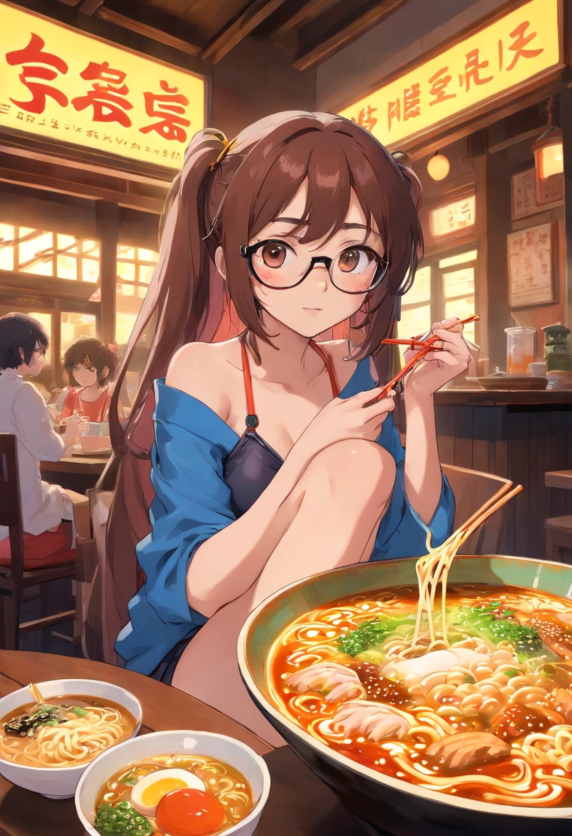 cyber girl, cyber bikini, cyber high-heels, cyber goggles, slim, small breasts, sitting in a restaurant, eating ramen, holding bowl of ramen