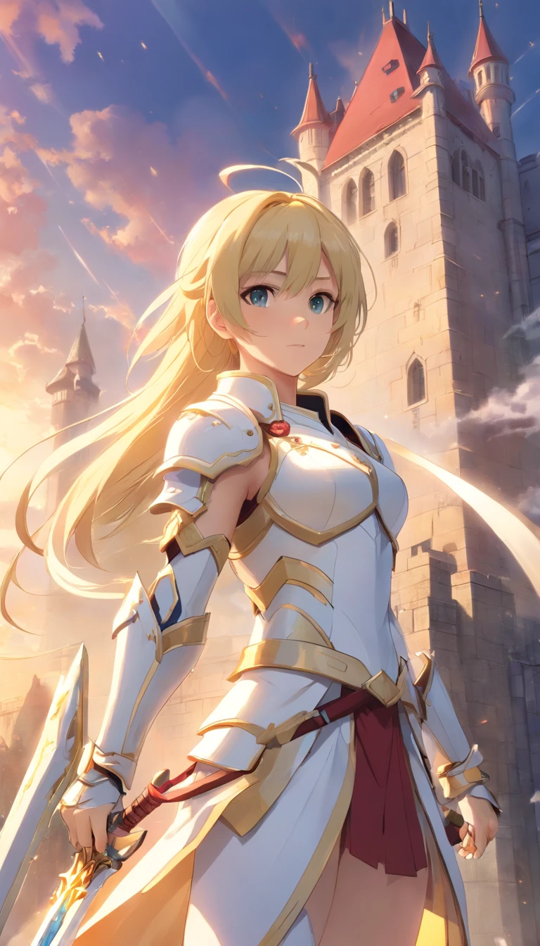 1 girl blonde slim big, white armor in the left hand a long sword, in der Rechten ein Schild im hintergrund ein, Drache, Wolken Schloss, UHD, masterpiece, high details, highres, best quality, 8k