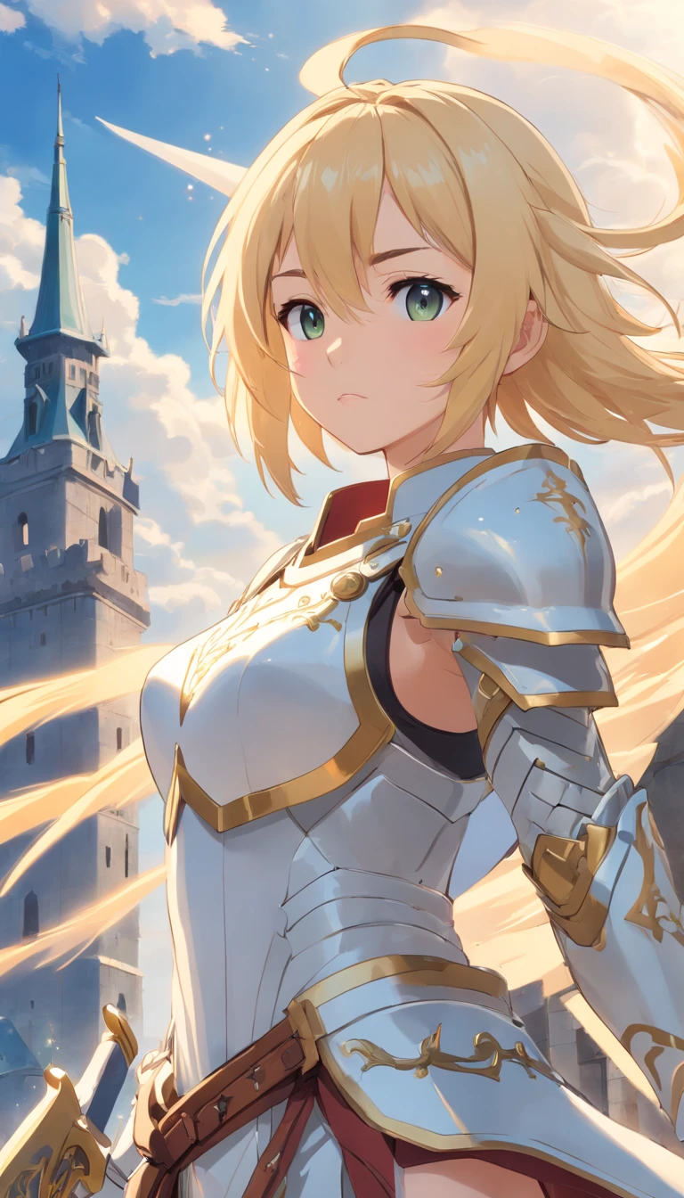 1 girl blonde slim big, white armor in the left hand a long sword, in der Rechten ein Schild im hintergrund ein, Drache, Wolken Schloss, UHD, masterpiece, high details, highres, best quality, 8k