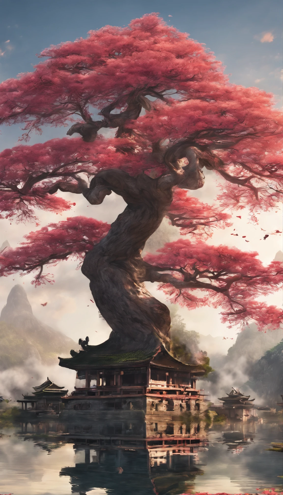 Quaint Han Dynasty style temple，There was an ancient Chinese monk who was sitting and meditating（closeup cleavage），Meditate，zazen，age-old tree，falling leaf，（Chinese landscape painting style），（Pastel ink painting），（8k wallpaper），（light and shadow effect），rendering by octane，White balance design，Extremely detailed picture depiction，wide angles，depth of fields，tmasterpiece，realisticlying，Beautifully depicted，A detailed，acurate，Works of masters，tmasterpiece