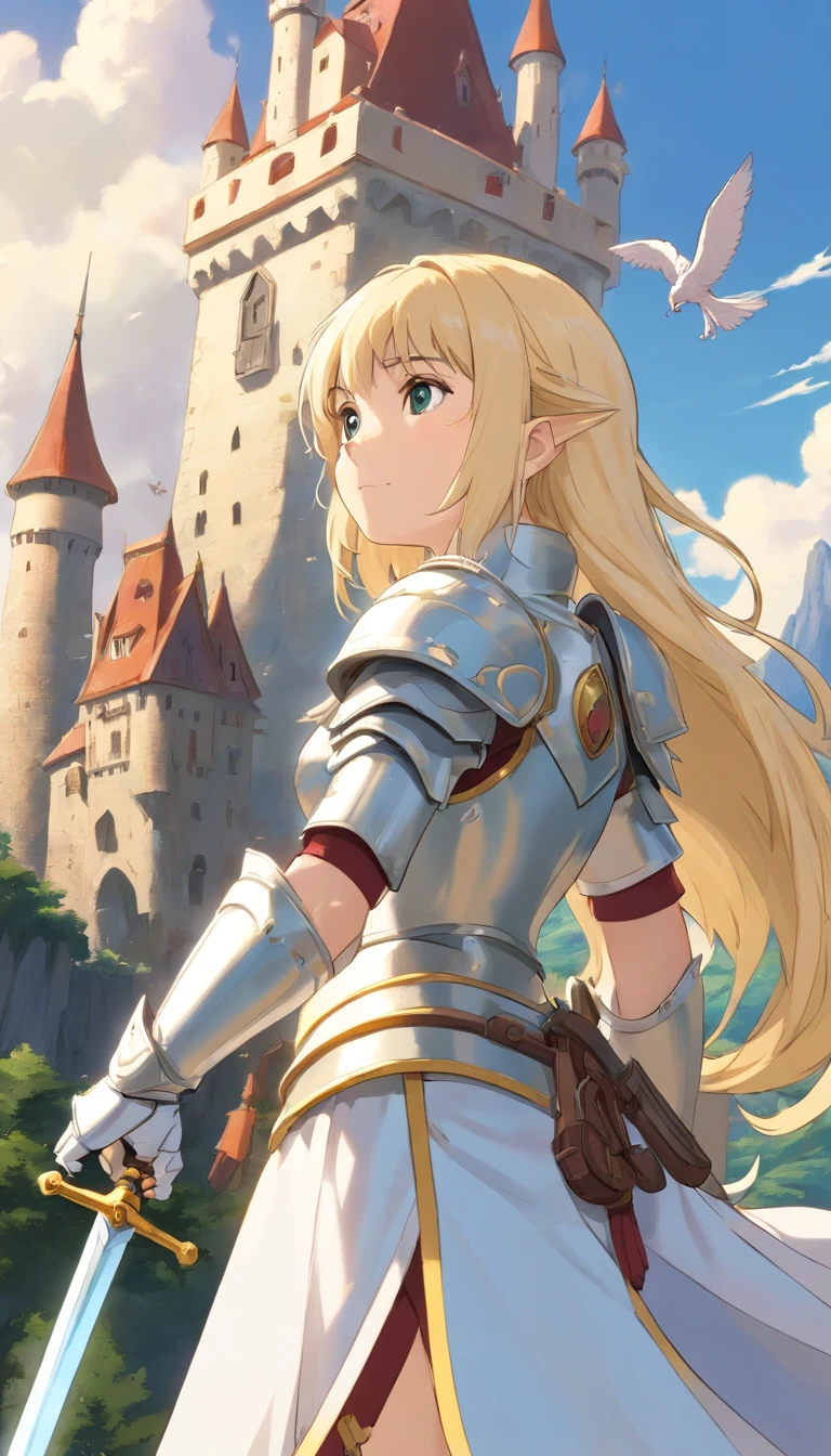 1 girl blonde slim big, white armor in the left hand a long sword, in der Rechten ein Schild im hintergrund ein, Drache, Wolken Schloss, UHD, masterpiece, high details, highres, best quality, 8k