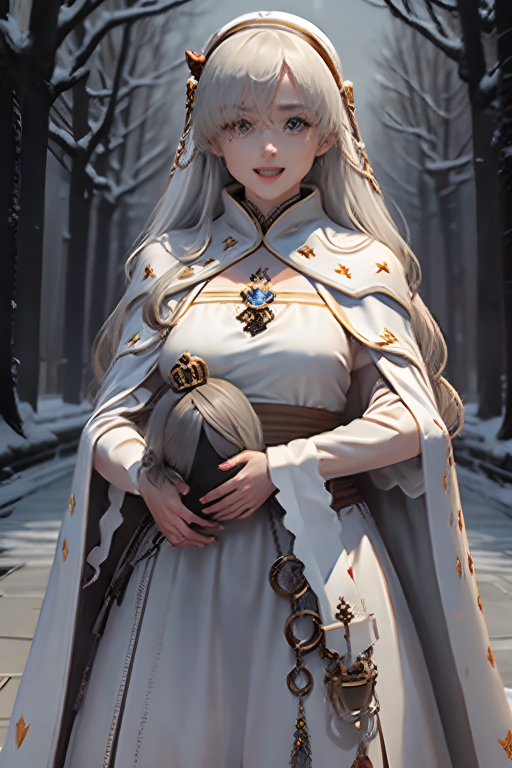 anastasia, blue eyes, gray hair, hair between the eyes, (hair and patch over one eye: 1.5), long hair, bangs, hair band, cape, brown hair band, wide sleeves, female religious clothing , wide sleeves, fur trim, tachi-e, royal tunic, white dress, white veil, white nun's habit
Hash lora 1 = .6 body, lora asuka = .2 eyes, lora togs himiko = .2 smile, open mouth, smiling, sharp teeth, full body, pose, walking, in the park