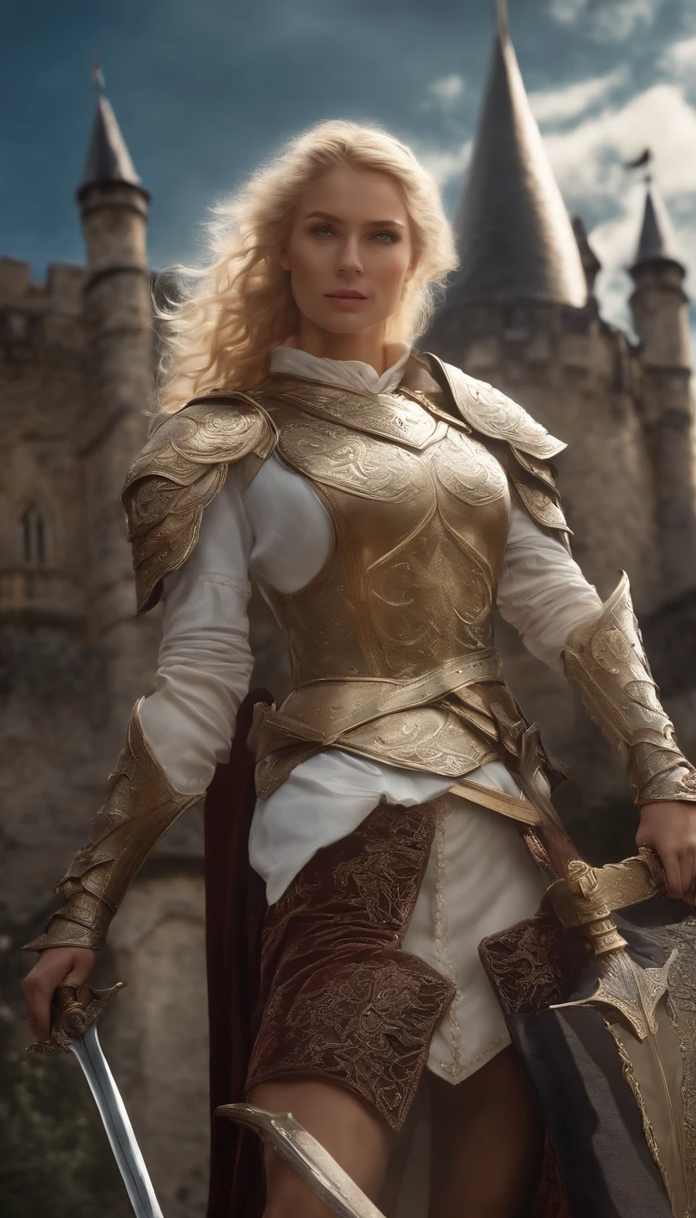 1 girl blonde slim big, white armor in the left hand a long sword, in der Rechten ein Schild  im hintergrund  ein, Drache, Wolken   Schloss, UHD, masterpiece, high details, highres, best quality, 8k