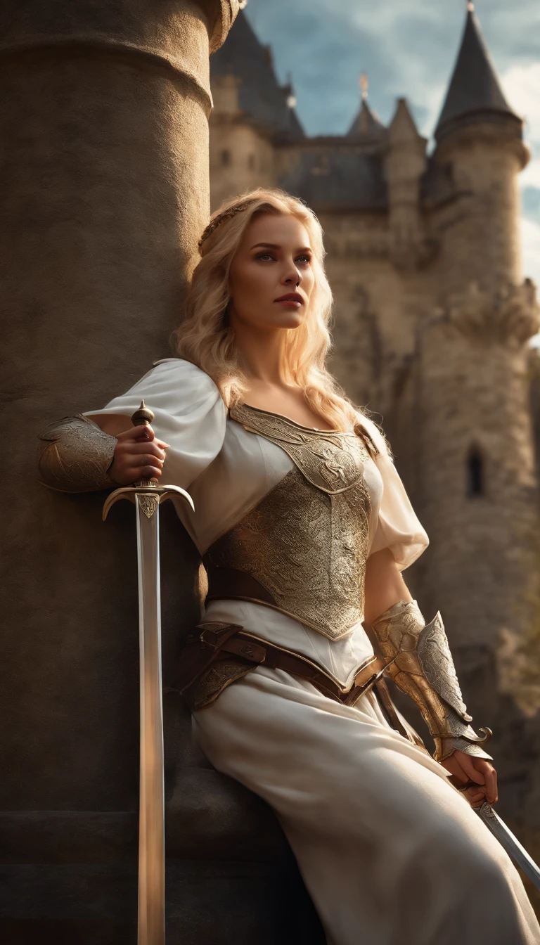 1 girl blonde slim big, white armor in the left hand a long sword, in der Rechten ein Schild im hintergrund ein, Drache, Wolken Schloss, UHD, masterpiece, high details, highres, best quality, 8k