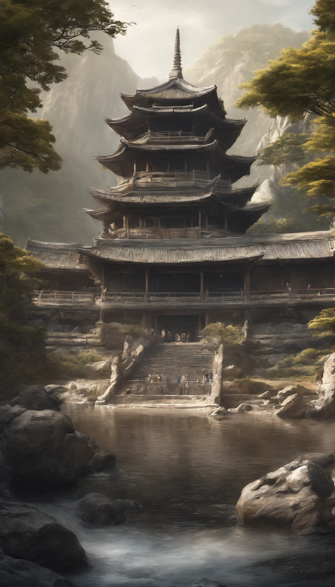 Quaint Han Dynasty style temple,There was an ancient Chinese monk who was sitting and meditating(closeup cleavage),Meditate,zazen,age-old tree,falling leaf,(Chinese landscape painting style),(Pastel ink painting),(8k wallpaper),(light and shadow effect),rendering by octane,White balance design,Extremely detailed picture depiction,wide angles,depth of fields,tmasterpiece,realisticlying,Beautifully depicted,A detailed,acurate,Works of masters,tmasterpiece