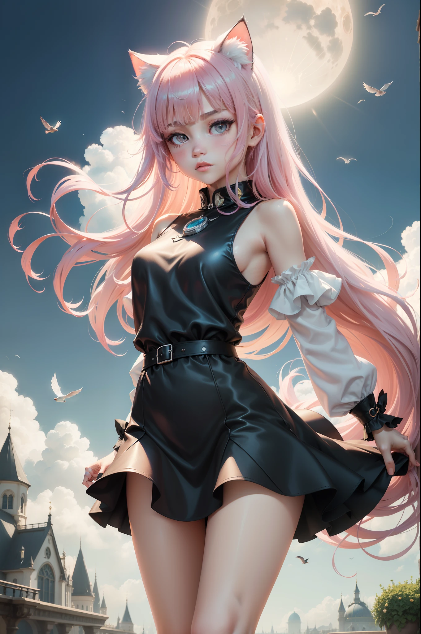 1girll,dramatic shadow,Full body shots,refractions,Floating hair,with pink hair,Water eyes,By bangs,hair between eye,looking at viewert,No shoes,无袖,Sleeveless clothes,Sleeve over wrist,Animal ear villi,No shoulder strap,Clothes without shoulder straps,sweeping bangs,upper legs,White sleeves,Cat ears,Take the flowers,Skysky,{{rays of sunshine}},Shiny,{shinny hair},floatking,Neck bell,wings,Floating castle,Floating city,Birds of peace,pigeons,clouds,glitters,White thighs,foamy,letter,feather quill, moon full,petals,long whitr hair