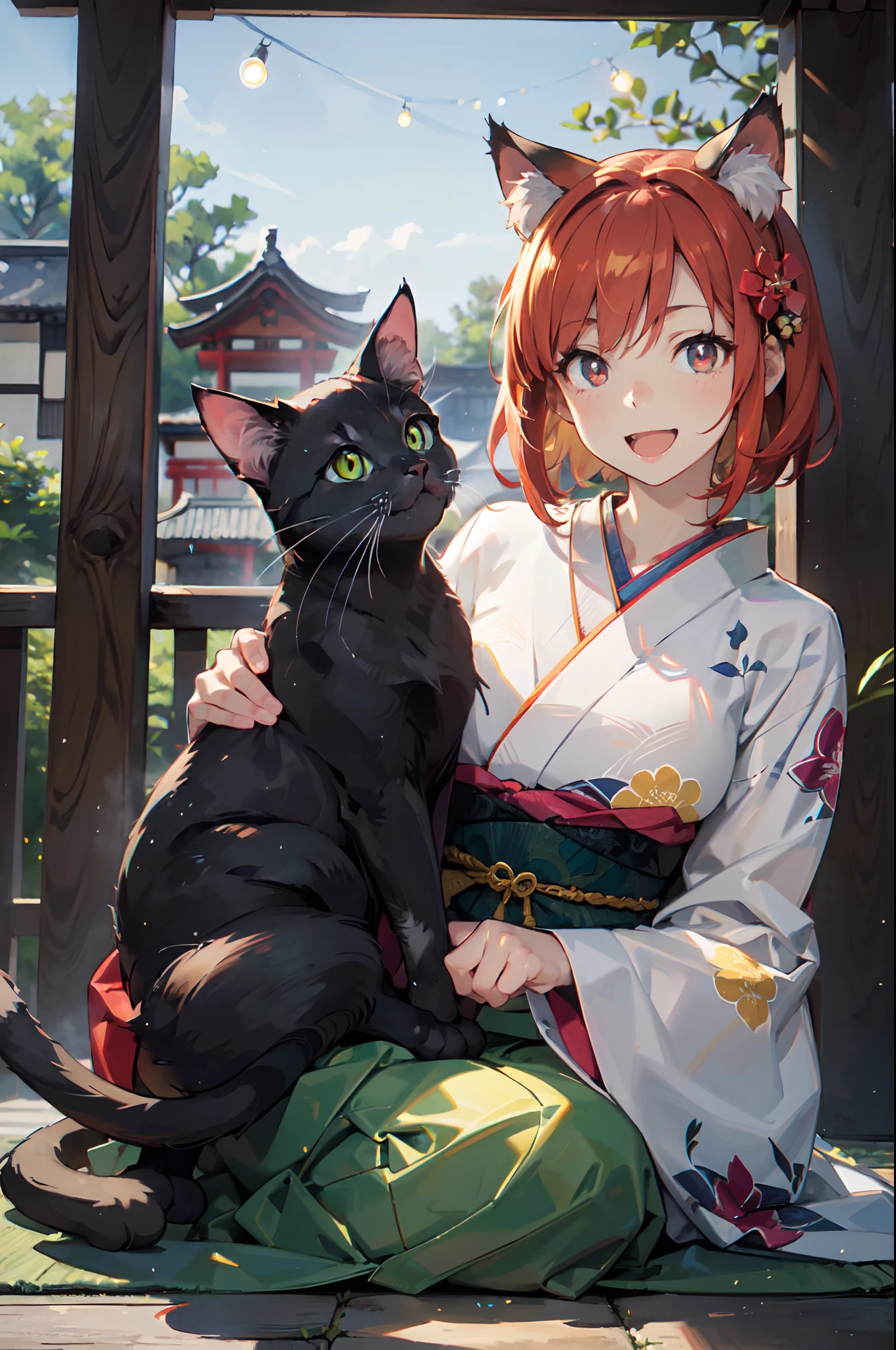 masutepiece, Best Quality, Detailed beautiful face and eyes, Full body, The best illustrations, PastelColors, (jpn、Shrine 1.4), Red torii gate, beauitful face, blurry backround, beautiful girl, shinny skin, (1The tail of a cat in a book grows:1.3), Sharp pupils, Realistic pupils, Glowing red hair, bob cuts, Eyes are yellow, Cat's ears, Floral hair ornament, Opens mouth and laughs, Happy expression on face、Curve, (Kimono:1.2), facing front、PAW Pose