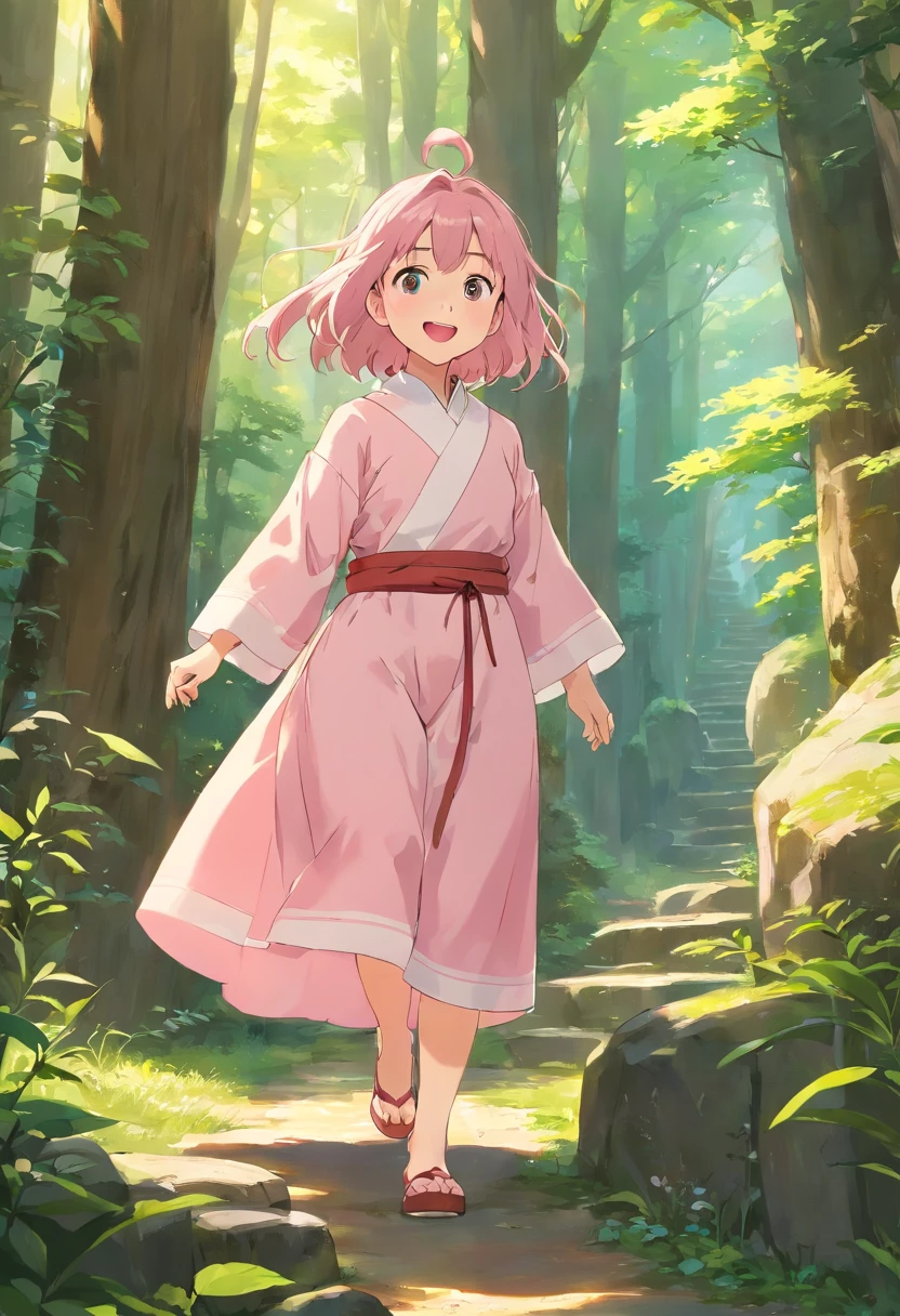 hold a paper pouch next face (3:1), full body(10.1)(Best Quality), High collar, Very high saturation, All colors deepened, delicated face、Extremely detailed light and shadow, very detailed face and eyes, Fluffy wavy short hair, white long cloths, colored clouds,(Best Quality), very detailed face and eyes, the setting sun、holding a paper package close to face、hands up、Place your hands high、Dynamic Positions、Full-body configuration、perfect foot、full of pink environment, Dress like a grown-up、full of natural、rock color wall, hightquality, big smile, herbs everywhere, inside forest