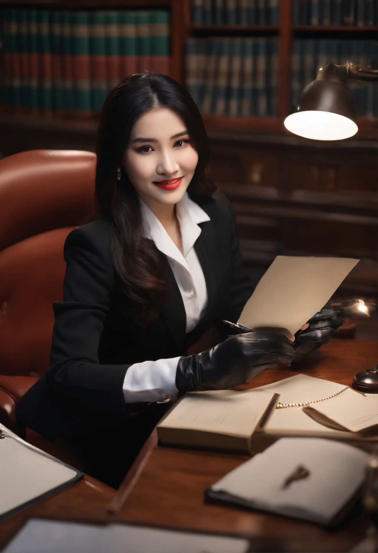 Wearing black leather gloves in both hands, upper body, black business suit, facing the desk in the modern study in the dark, looking down, smiling, writing a letter using a fountain pen, long, straight black hair, young and cute face Japanese female new employee (black leather gloves cover both hands)