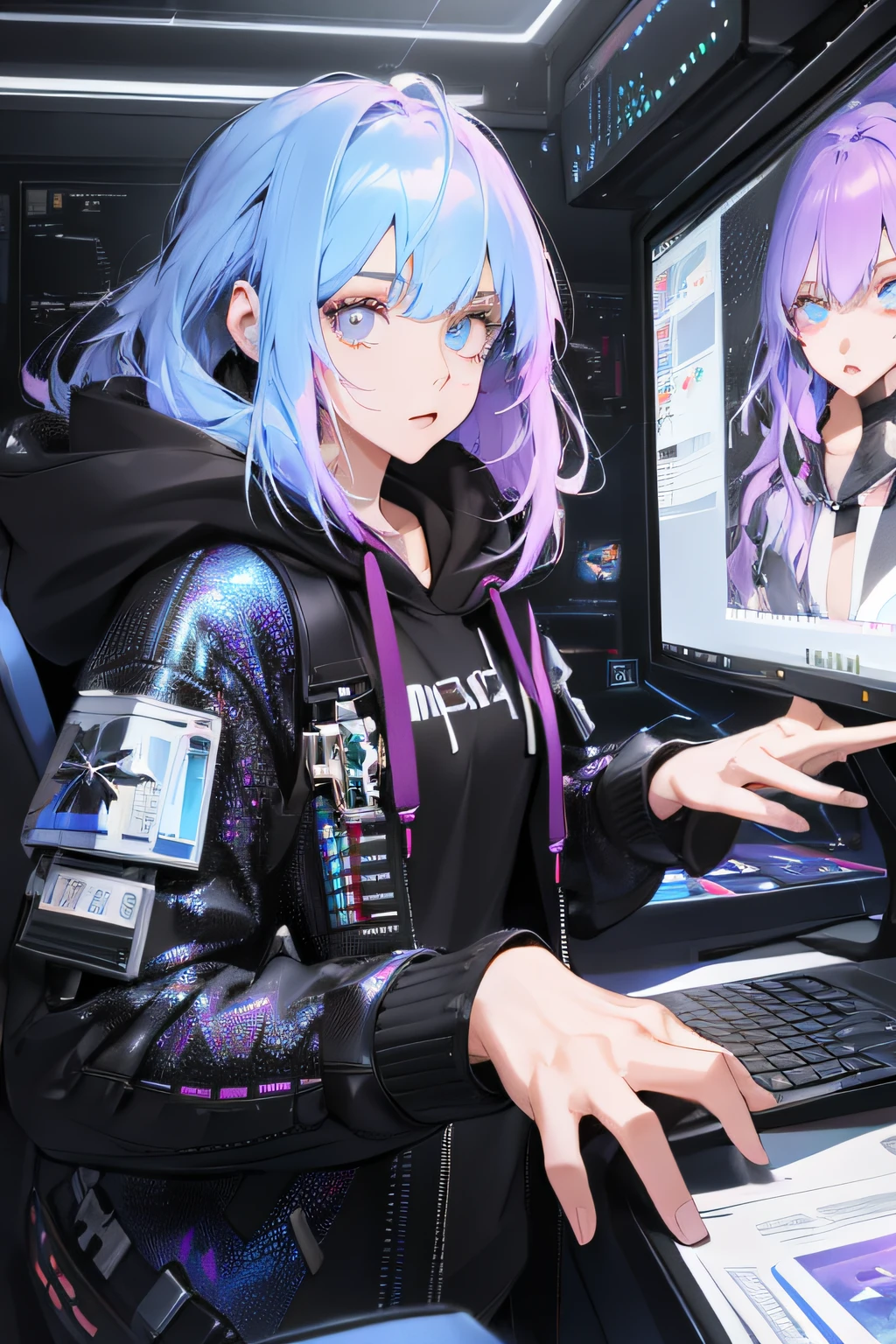 (absurdres, highres, ultra detailed), 1girl, solo, extremely detailed eyes, colorful, highest detailed, looking at viewer, solo, (full body:0.6), detailed background, detailed face, (watchdogs theme:1.1) advanced technology, hoodie,electronics, (holographic display:1.05), computer