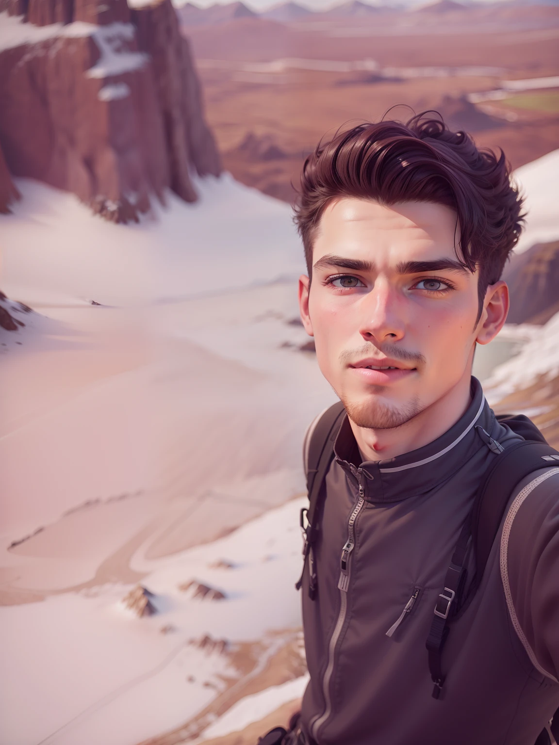 Young man taking a selfie with Gopro while hiking in Kostas , Scottish landscape style, Holga 120N, Aerial Photography, Eccentric characters, mountainous vistas, Large canvas format