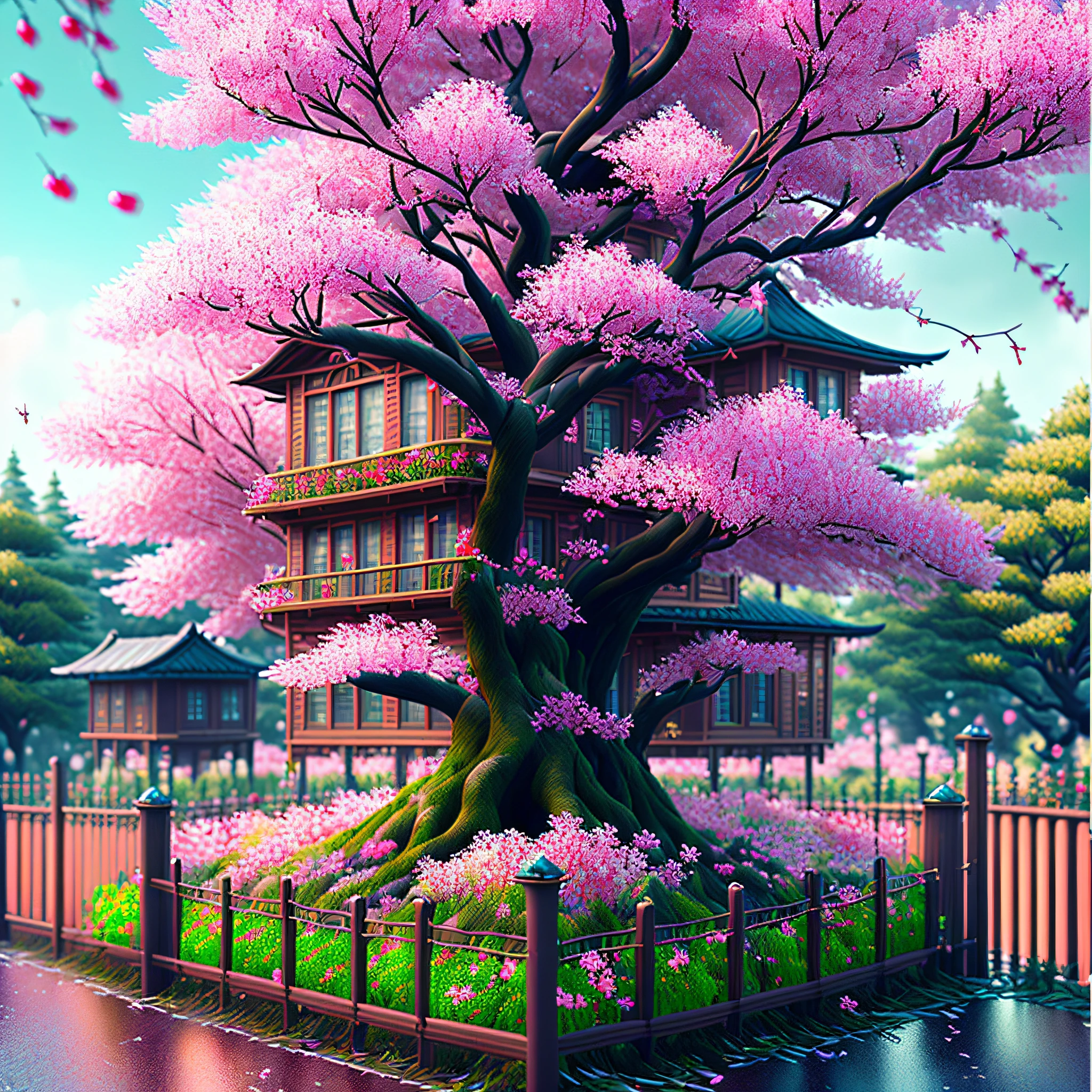 ((Ultra-realistic detail.) (Masterpiece, Top Quality, Best Quality, Official Art, Beauty and Aesthetics: 1.2), Very Detailed, Colorful, Most Detailed, Branches, Buildings, Barbed Wire, Cherry Blossoms, Fences, Long Hair, Outdoor, Petals, Landscape, Rain, Trees, Sky, Street, Real
