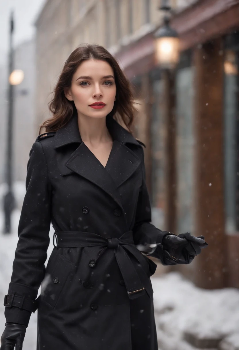 woman dressed in retro black trench coat, walks down the street, cold and snowing weather, bokeh style, medium close up shot, high quality photo