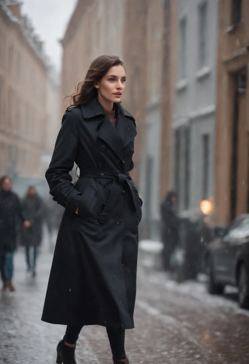 woman dressed in retro black trench coat, walks down the street, cold and snowing weather, bokeh style, medium close up shot, high quality photo