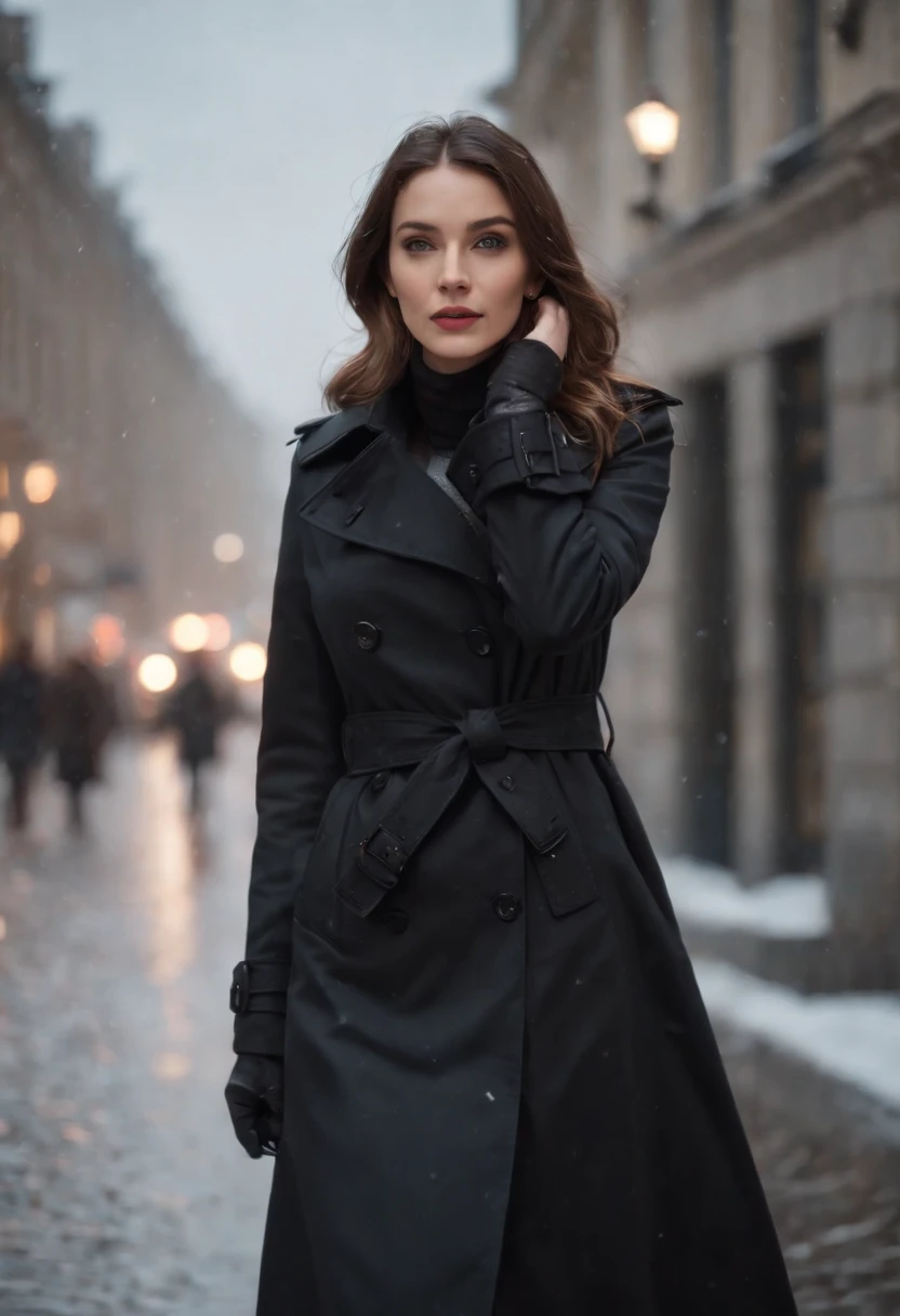 woman dressed in retro black trench coat, walks down the street, cold and snowing weather, bokeh style, medium close up shot, high quality photo