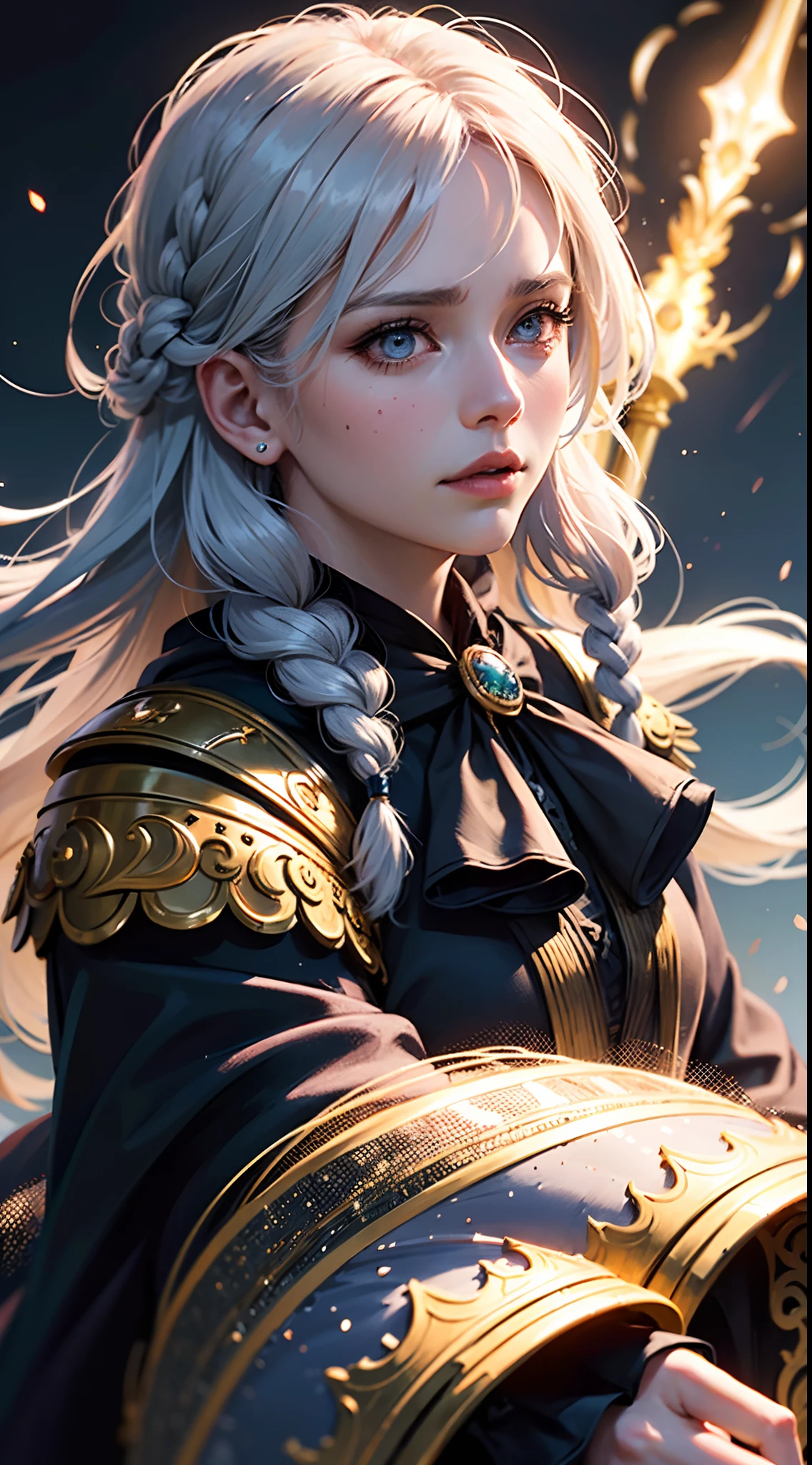 (skindentation:1.5), Realistic, Photorealistic, (masterpiece:1.5), concept art, intricate details, highly detailed, photorealistic, octane render, 8k, unreal engine, dynamic pose, best quality, highres, (realistic face:1.1), (hyperrealistic:1.1), ((close-up face:1.3)), perfect eyes,(shiny skin:1.2), (((hairstyle))), (((perfect hands))), (extremely detailed background), ((dynamic background)), ((lightning)), (light rays), ((1girl)),wearing cloak, (((flowing cloak))), ((detailed eyes, high quality eyes, high quality face)), (extremely intricate robes, magical robes), wavy hair, braided hair,casting lightning, electricity, swirling fire, radiating power, sparks, magic arts,smoke, magic, ((dramatic)), epic, ((in the battlefield:1.3)), depth of field, bokeh, 4k, gothic, ember, particles,serious expression,strong gaze,white hair,There is some dust on the face,Holding the staff,frown,angry
