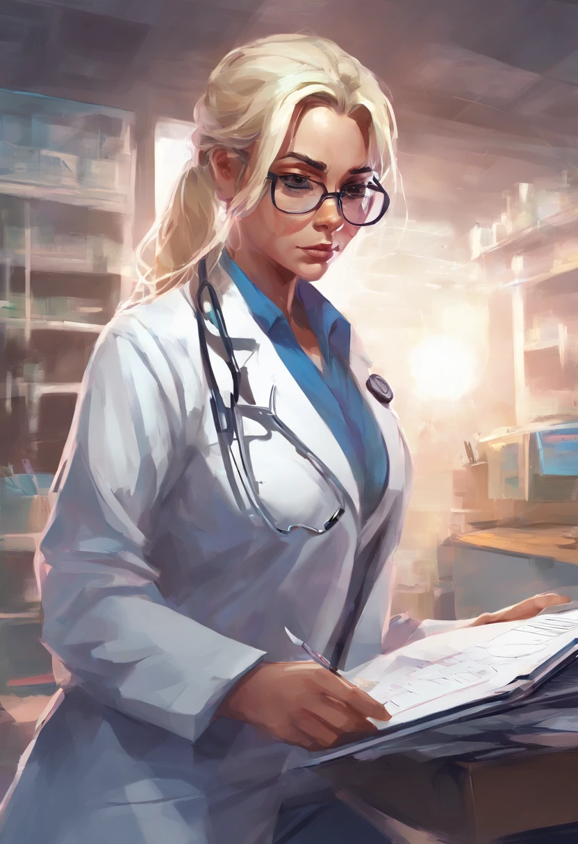 1womanl, , doctor, very light blonde hair, down ponytail hair, square glasses, sly look, frown , white lab coat, blue shirt, blue gloves reading the clipboard