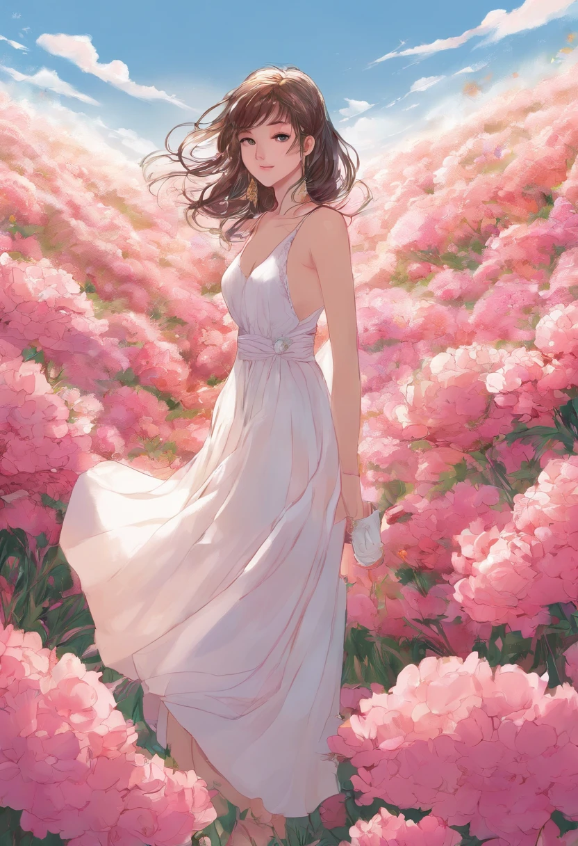 Best quality, Masterpiece, 超高分辨率 (Photorealistic: 1.4), RAW photo, 1 girl, White dress, Bare shoulders, Blooming pink flower field, Glowing skin, Slight smile