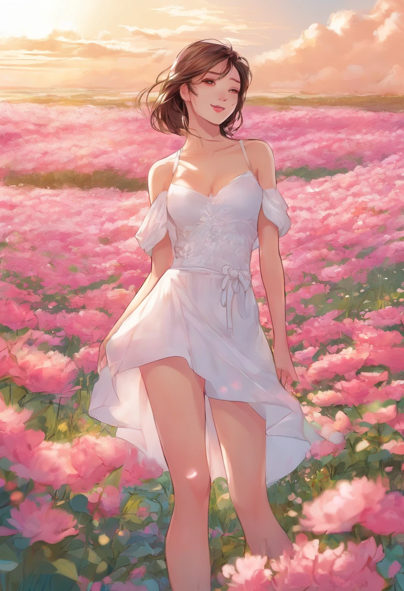 Best quality, Masterpiece, 超高分辨率 (Photorealistic: 1.4), RAW photo, 1 girl, White dress, Bare shoulders, Blooming pink flower field, Glowing skin, Slight smile