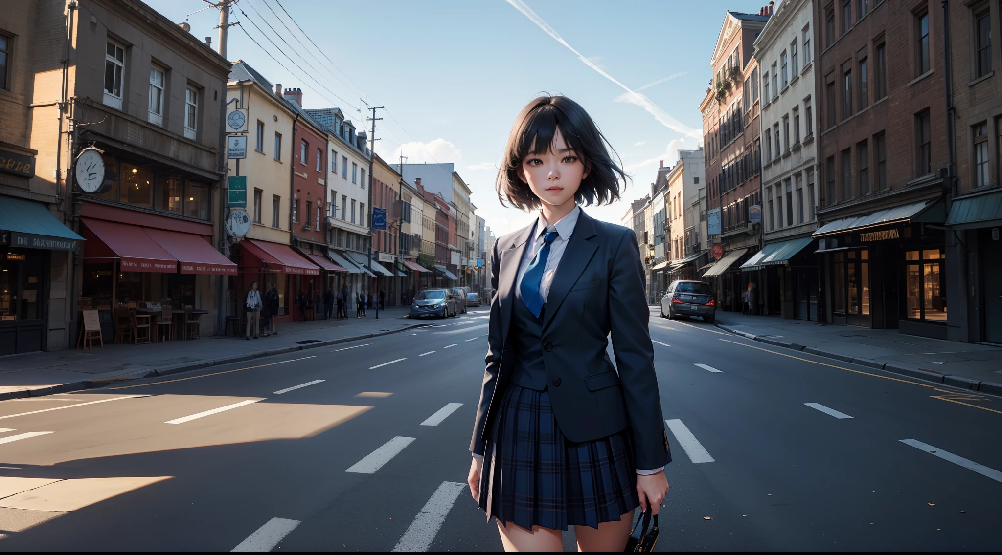 (Like lomography), Wide left margin, (Formal jacket dark blue), The theme color is blue, masutepiece, Super Detail, High quality, awardwinning, 8K, (girl), Solo, Smiling, High School Uniform, White shirt, Short tie, Short pleated skirt is plaid, Half body shot, Shooting from the front, Detailed fingers, In a port city, In Europe, in a sunny day, Summer scenery, romantic, Cinematic Light, vignetted